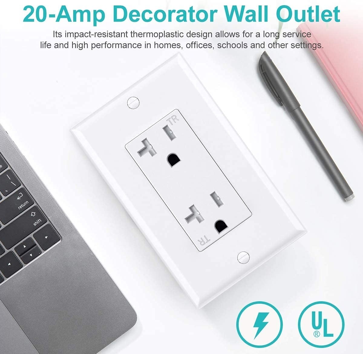 50 Pack Outlet Socket, Decorator Receptacle, 20 Amp 125 Volt, Tamper Resistant