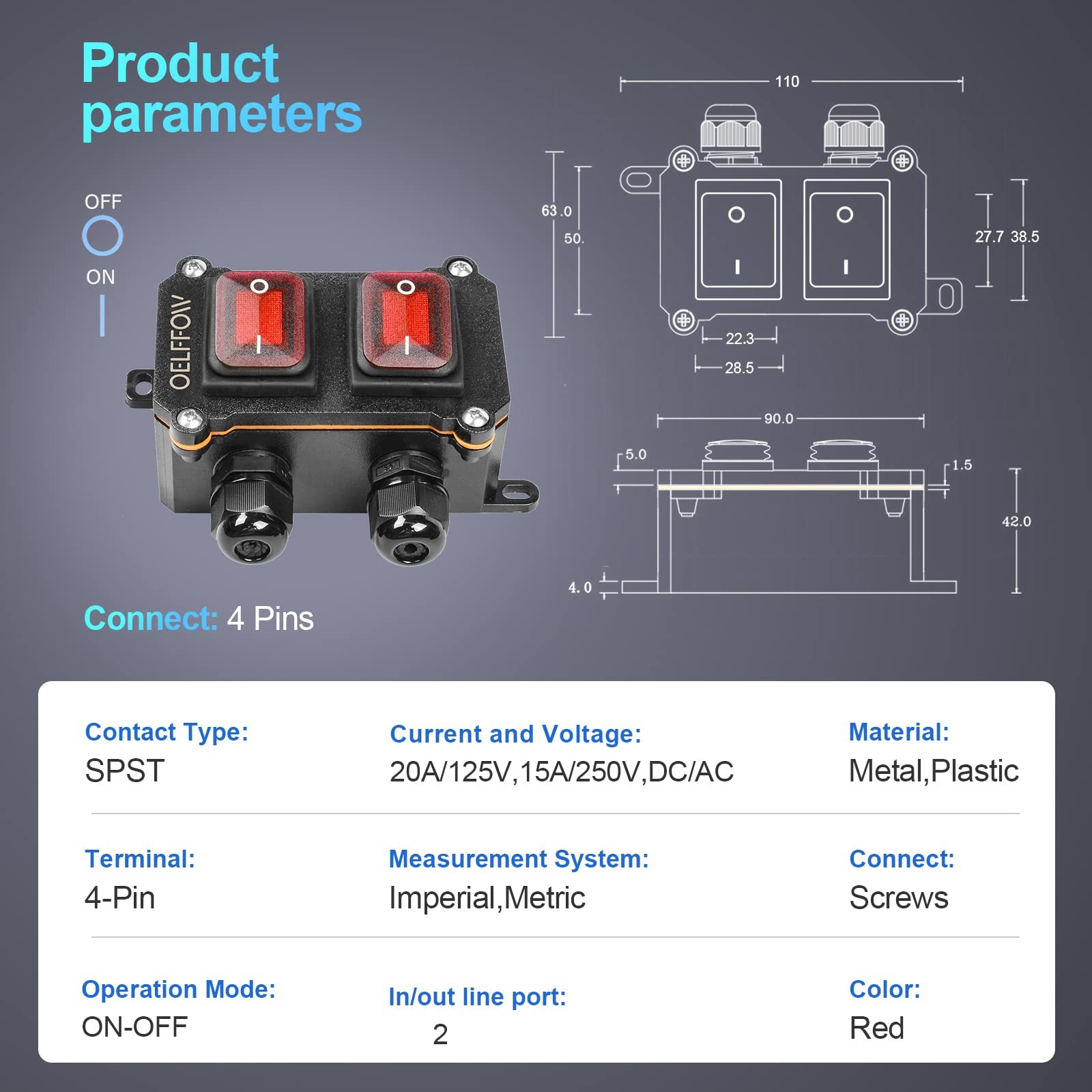 Waterproof On Off Toggle Switch Double Switch/outlet With Red Light Rocker Butto