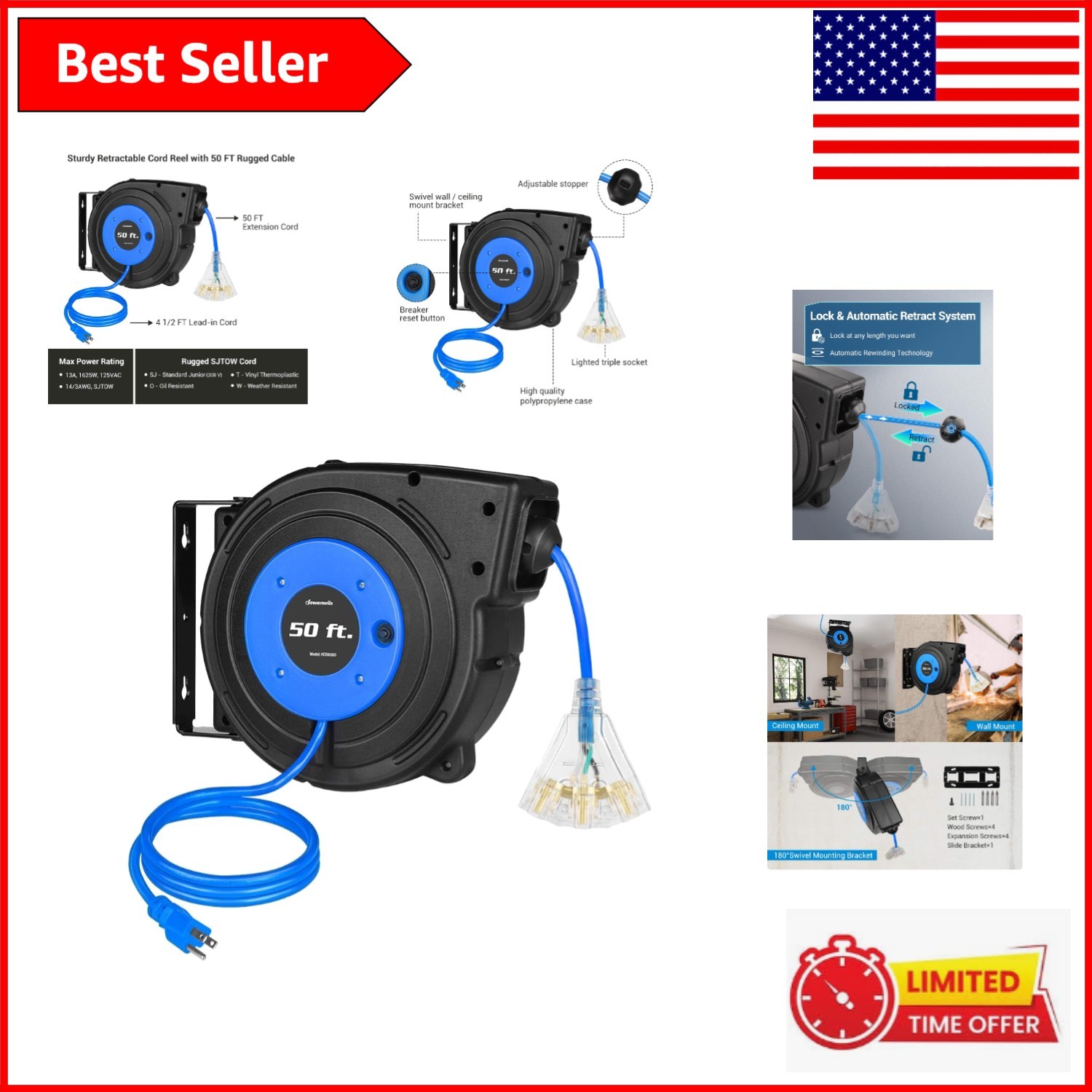 SJTOW 50 FT Retractable Extension Cord Reel with 13A Circuit Breaker Protection