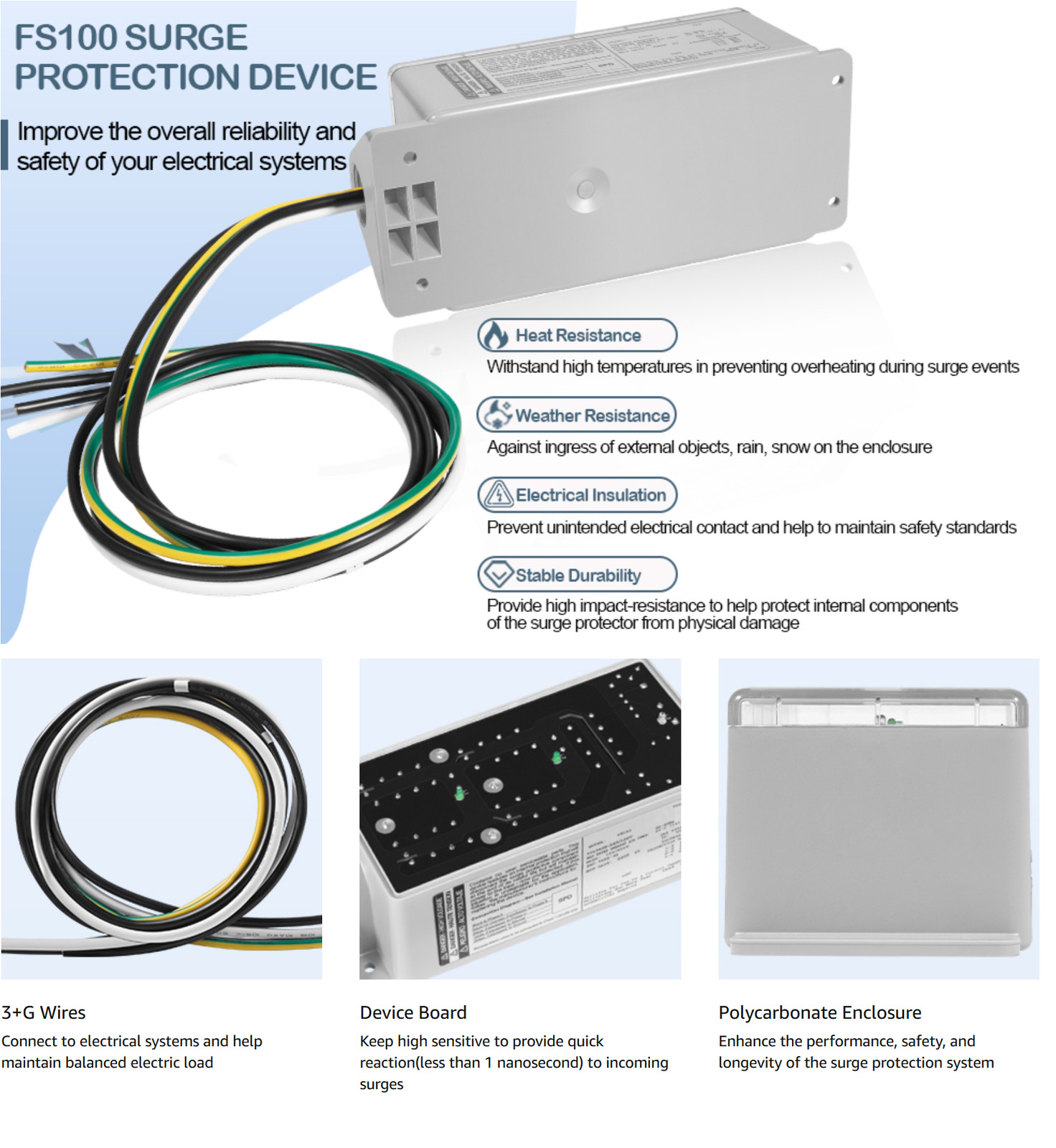 FS100 Whole House Surge Protection Device Rated for 100,000 Amps 120/240V Load