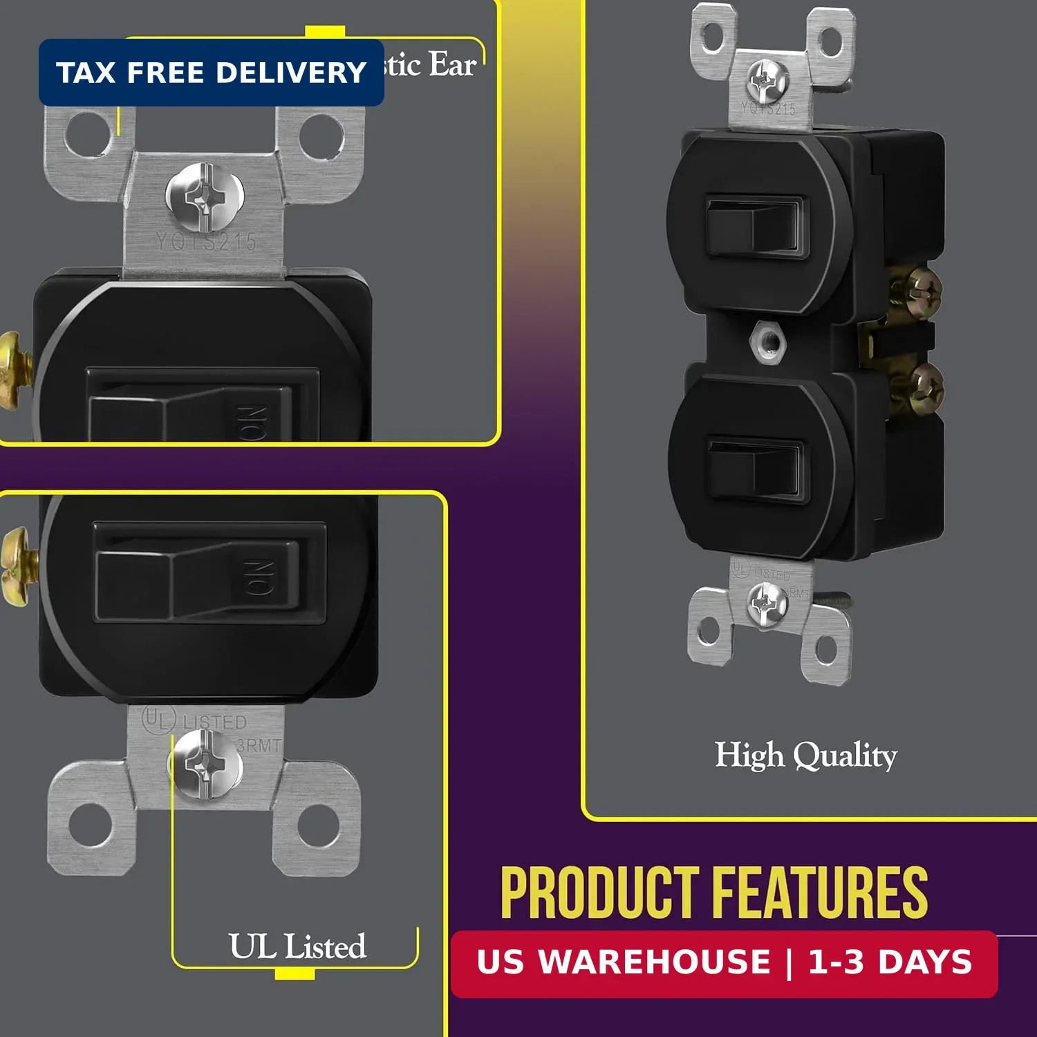 Black Double Toggle Light Switch 15A 120V UL Listed Residential Grade 82150-BK