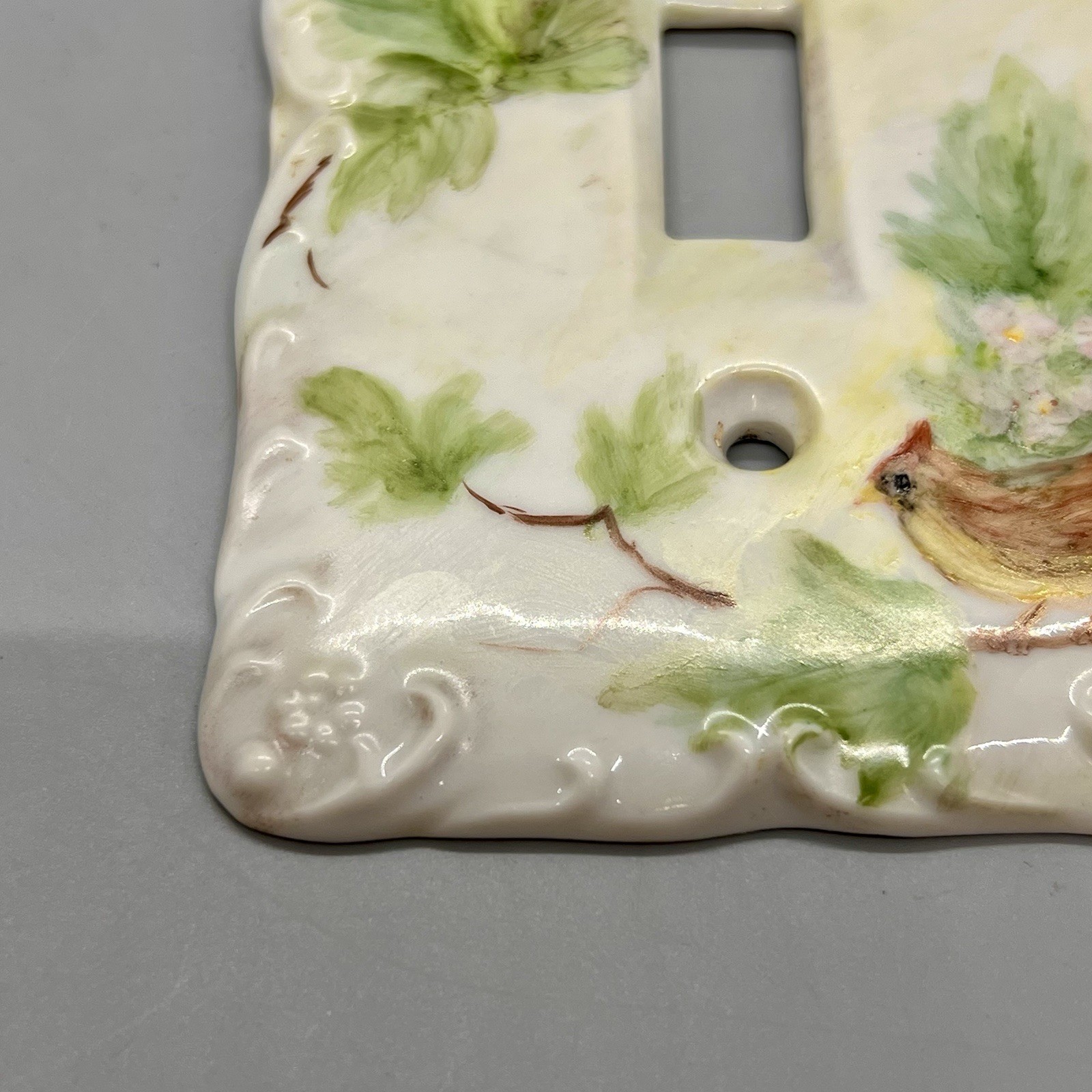 Vintage Porcelain Single Light Switch Plate Hand Painted Florals Cardinal Birds