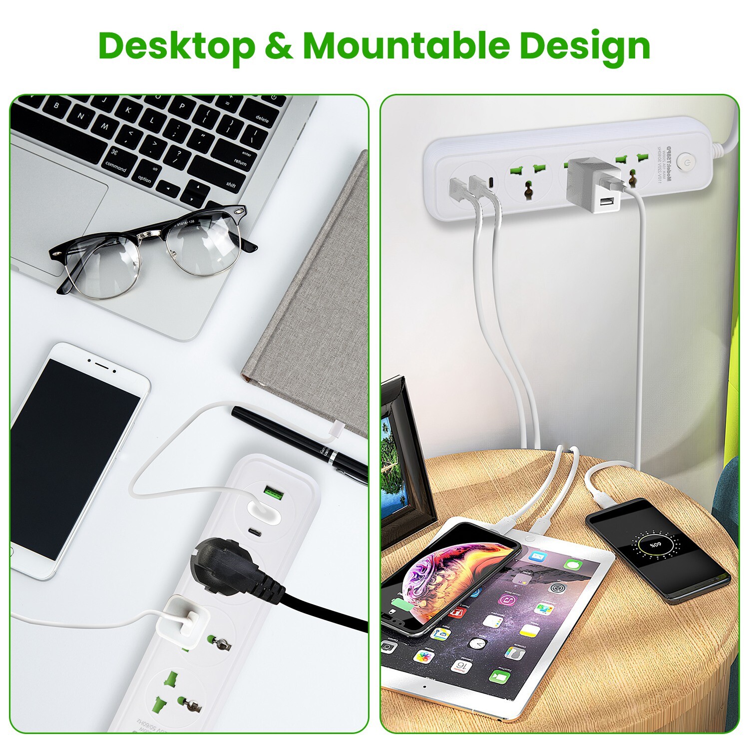 2500W Wall Mount Power Strip – 6/8 Ports Perfect for Home Office & Travel