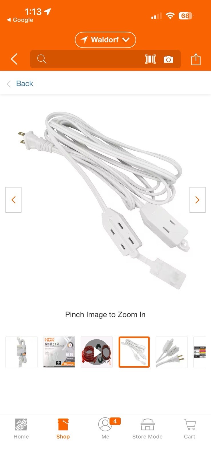 HDX 12ft (6ft x 2) Indoor Sofa Extension Cord White Polarized 13 Amp 16 Gauge