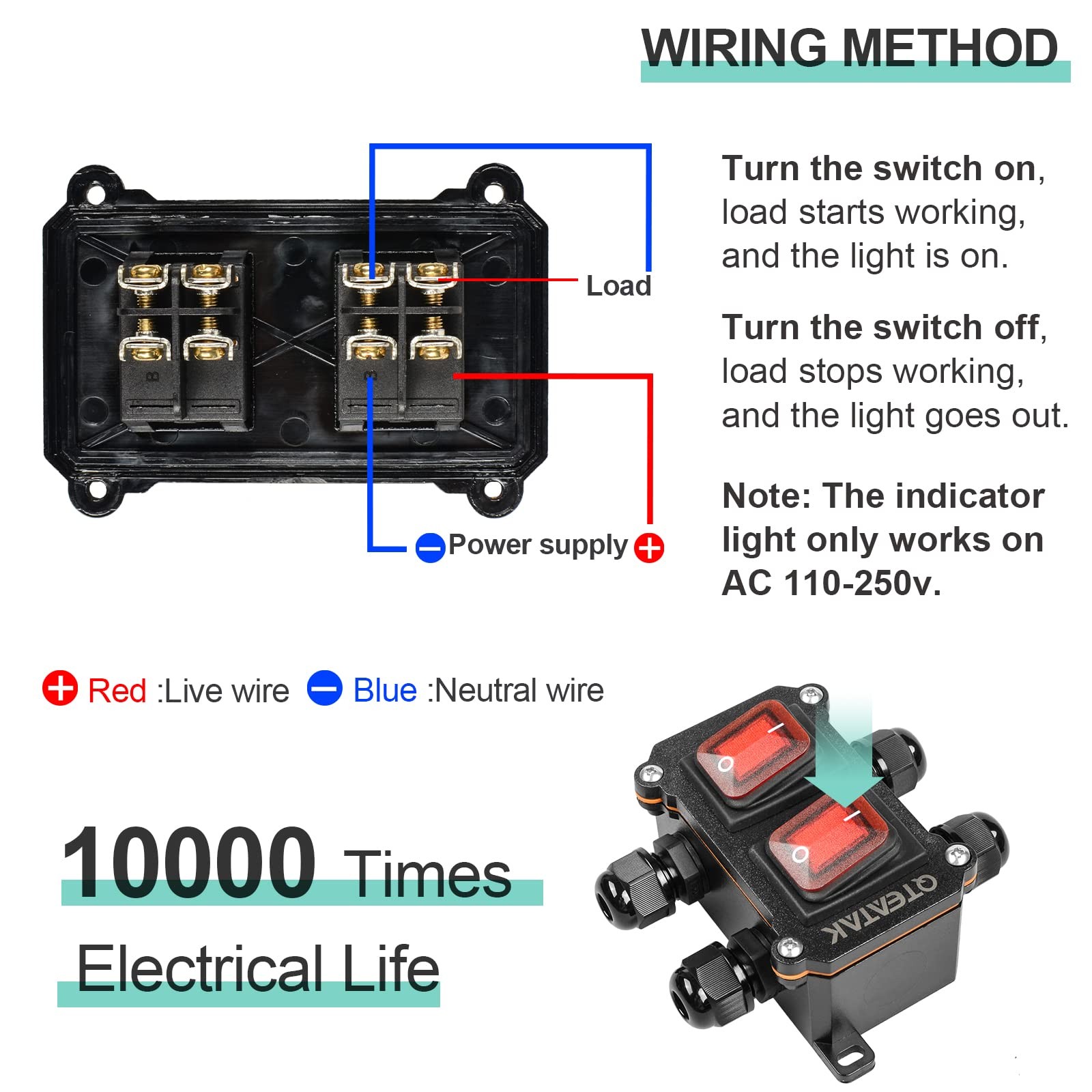 Waterproof On-Off Toggle Switch with Red Light Buttons DPST Inline Cord