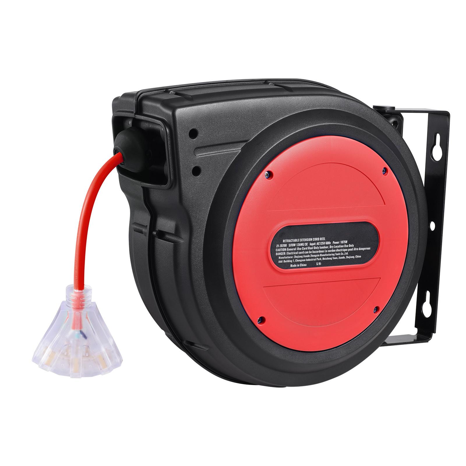 VEVOR Retractable Extension Cord Reel Power Cord Reel 65FT 12AWG/3C SJTOW
