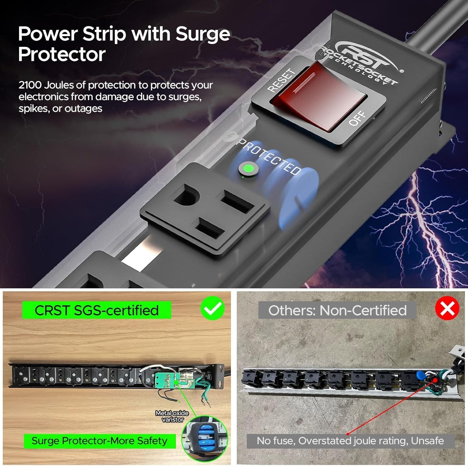 6 Outlet Heavy Duty Power Strip Surge Protector 1225J 15FT Cord & 15A Breaker