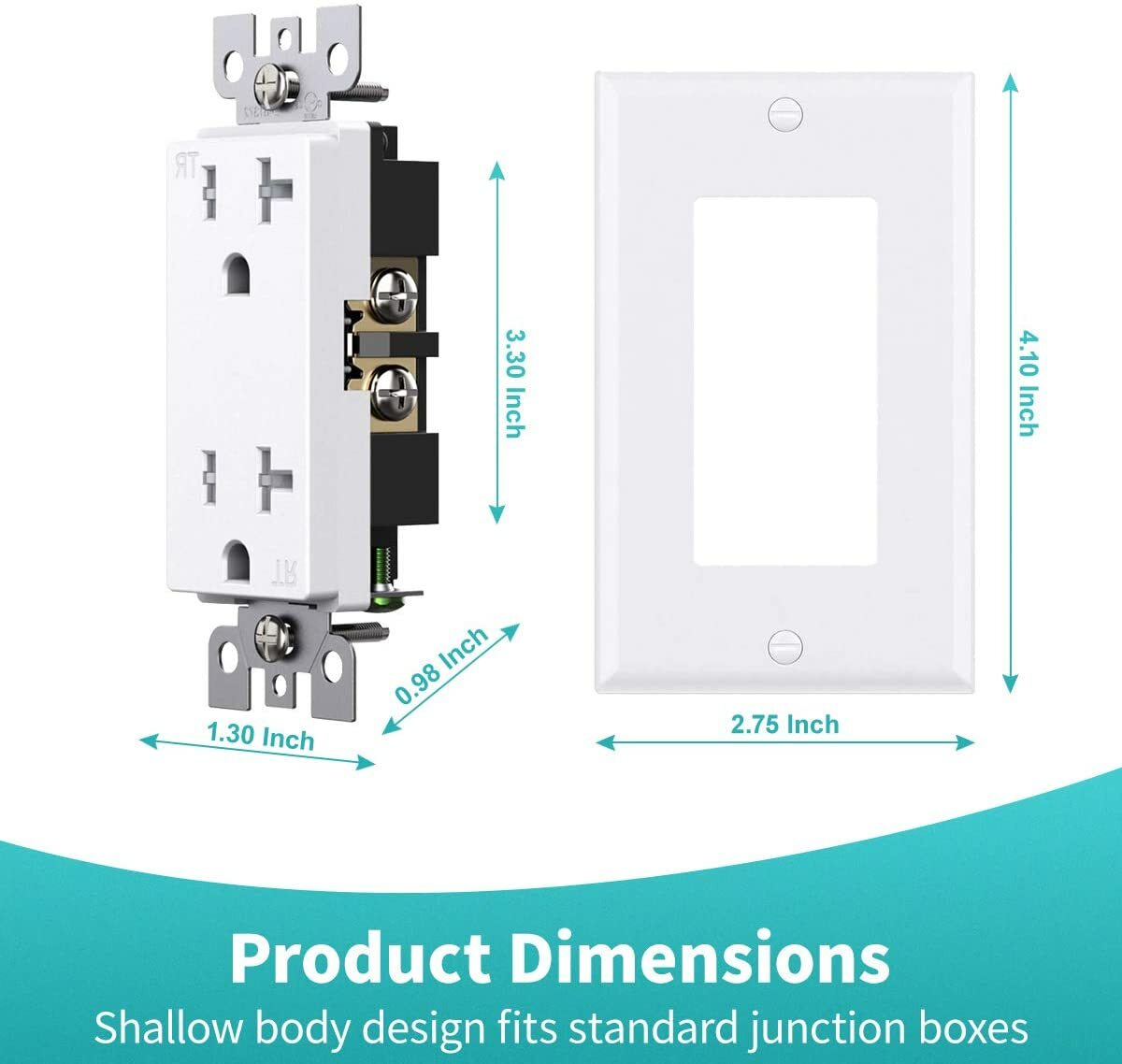 Outlet Socket, Decora Duplex Receptacle, 20 Amp 125 Volt Tamper Resistant 10pack