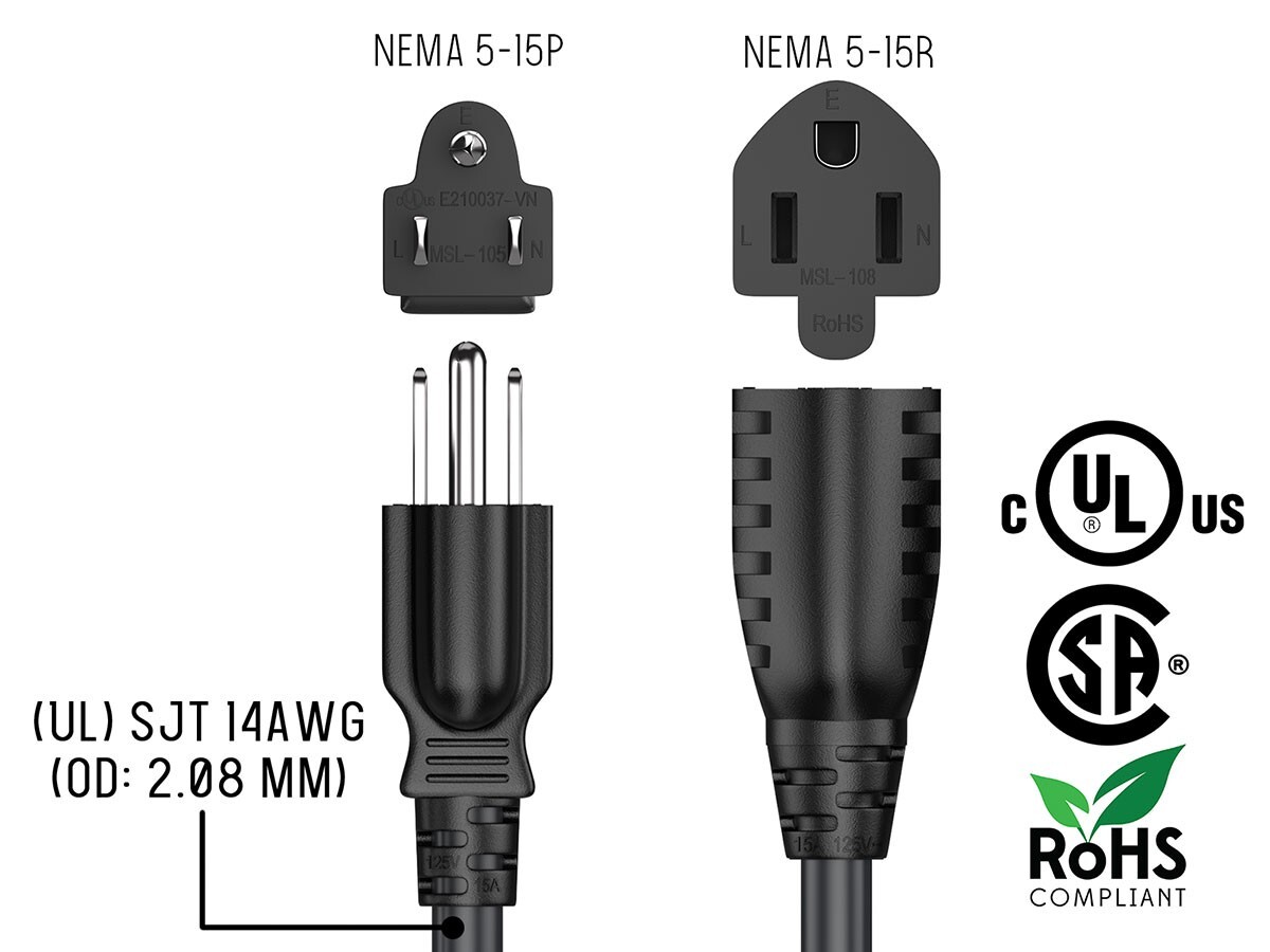 2ft NEMA 5-15P to 5-15R Heavy Duty Power Extension Cord, 14AWG SJT 15A/125V, …