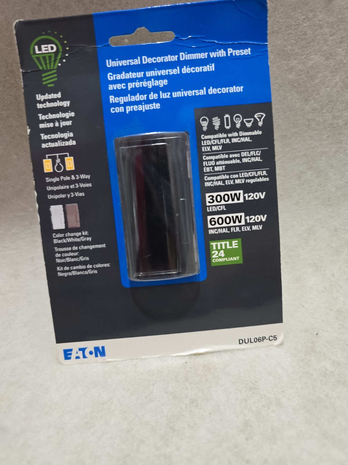 Eaton LED Universal Decorator Dimmer with Preset DUL06P-C5 White/Black/Gray