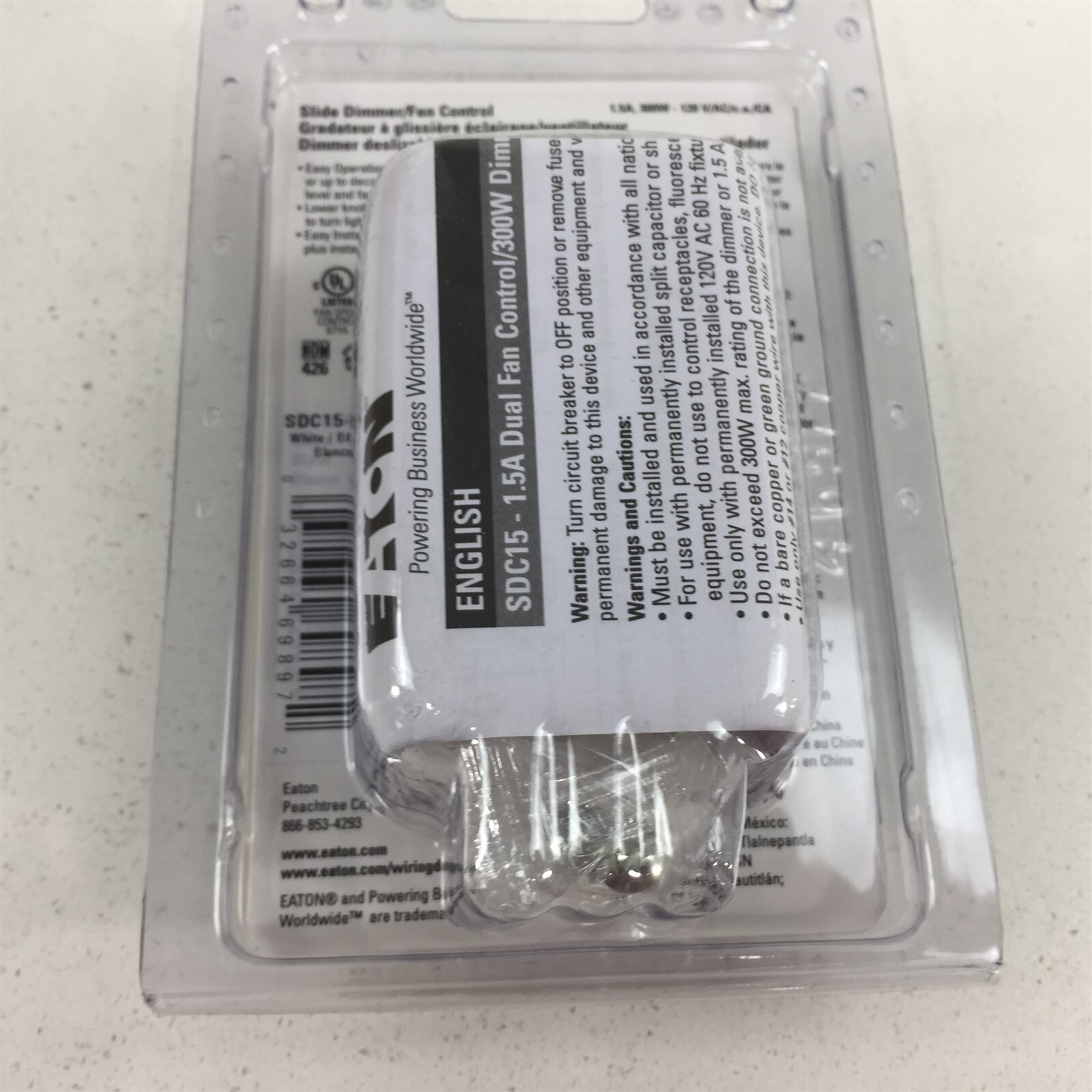 Eaton SDC15-W-K 3 Speed Slide Fan / Light Control With Non-Preset White SDC15
