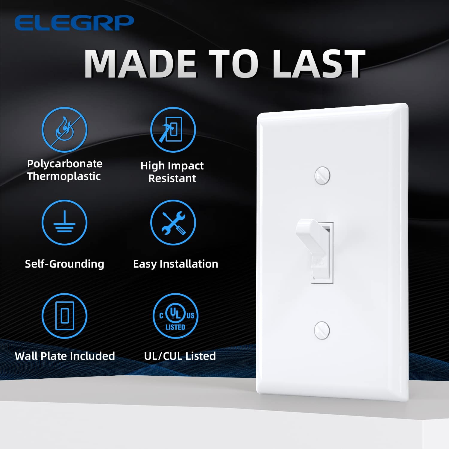 ThunderWay Single Pole Decorator Wall Light Switch with Wall Plate, 15A 120V/277