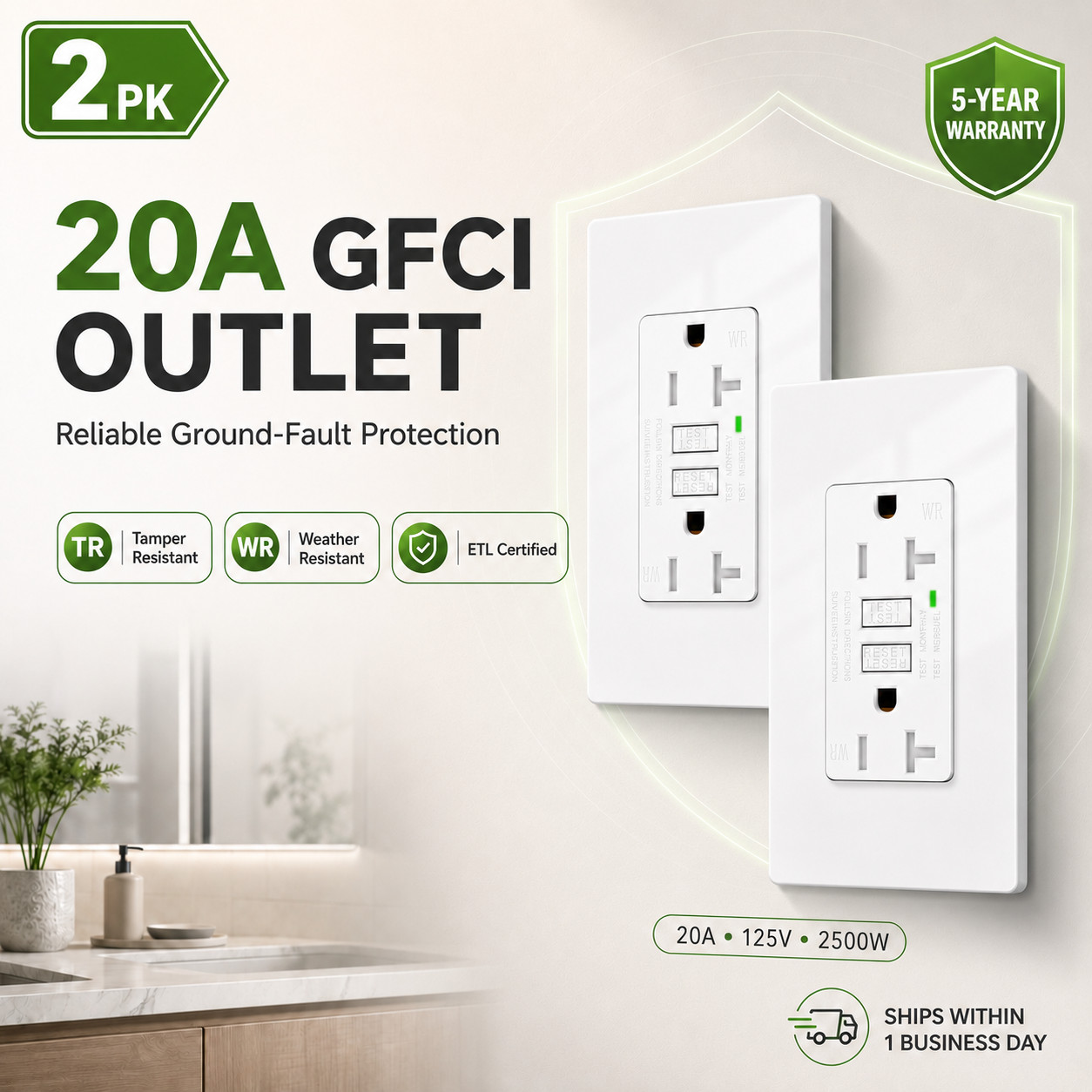20 Amp GFCI Outlet for Bathroom Kitchen Outdoor TR WR LED Receptacle 125V 2PK