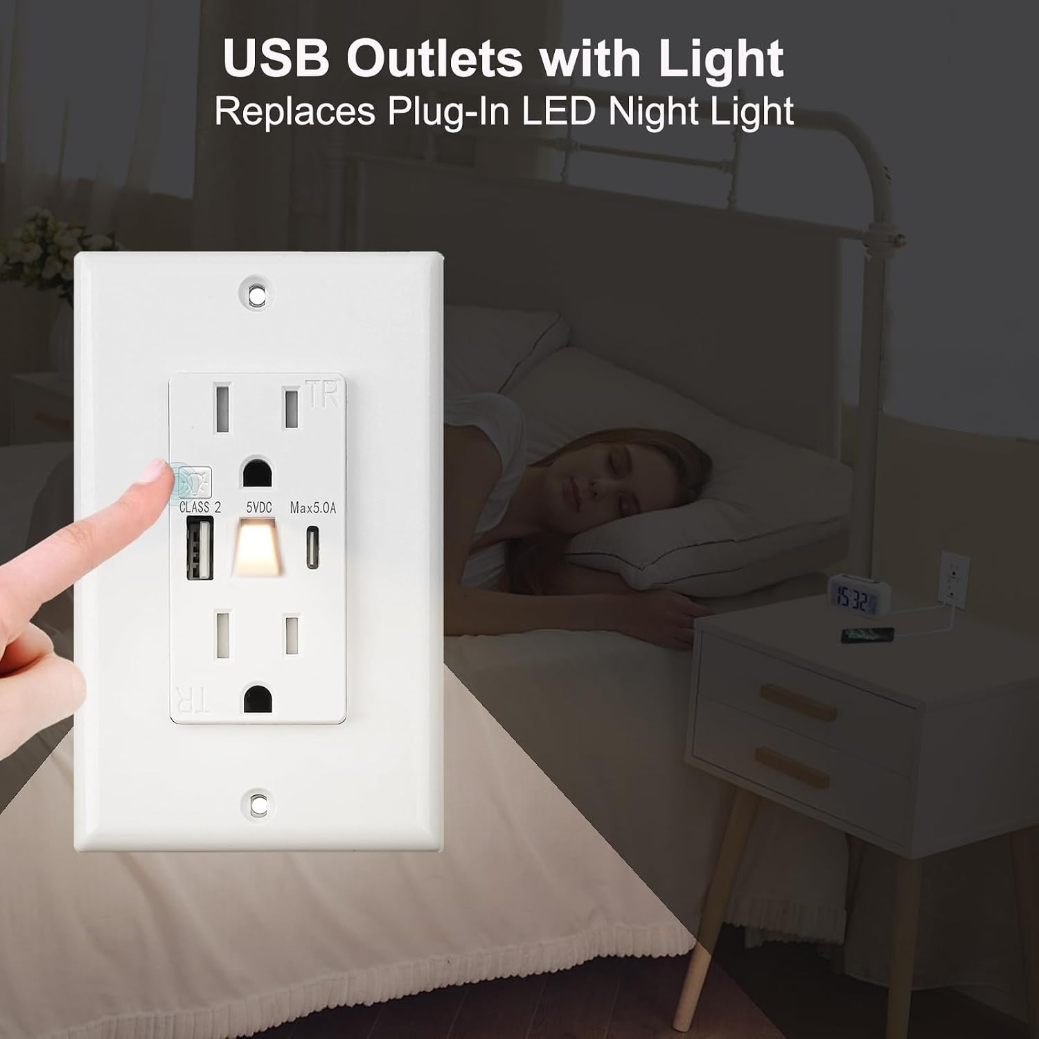 USB Outlet with Light, Modern 15A Standard Outlet with Night Light, USB Type a &