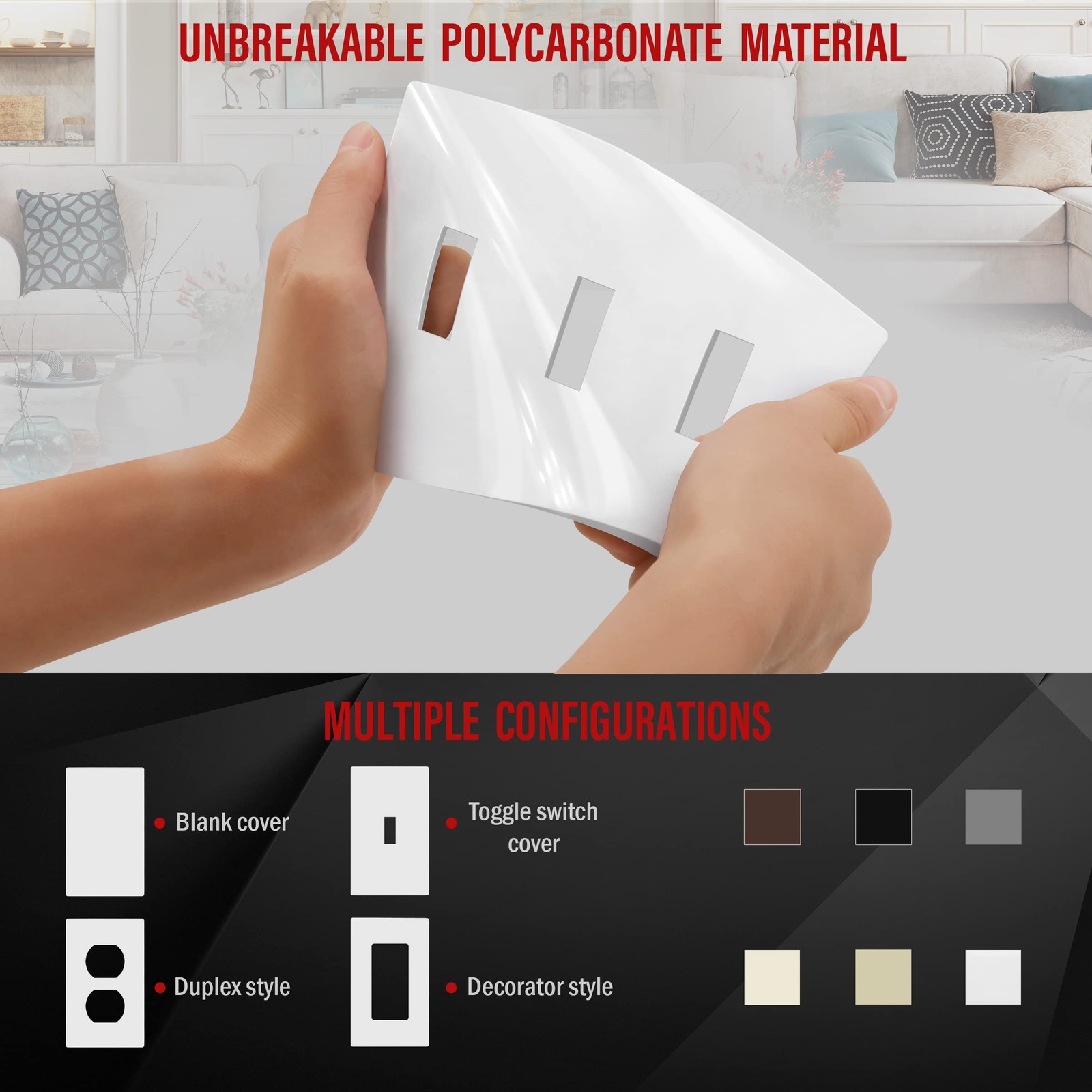 Triple Toggle Switch Wall Plate Screwless 3 Gang White Polycarbonate Heavy Duty