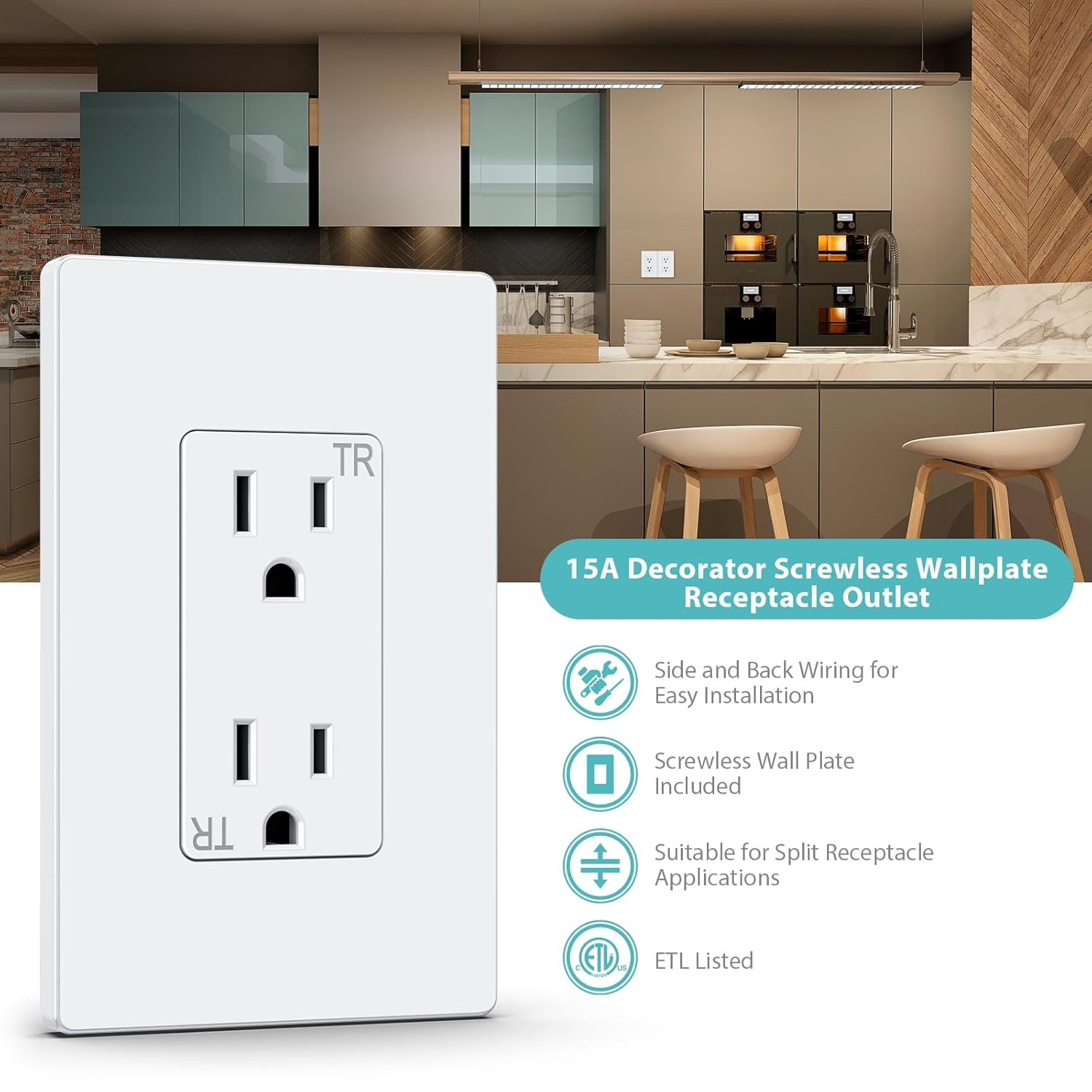 10Pack Duplex Receptacle Wall Outlet 15A Tamper Resistant Glossy White Screwless
