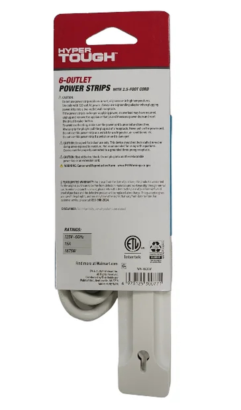 6-Outlet Power Stríp with 2.5-Foot Cord , White,15A,125V-60Hz