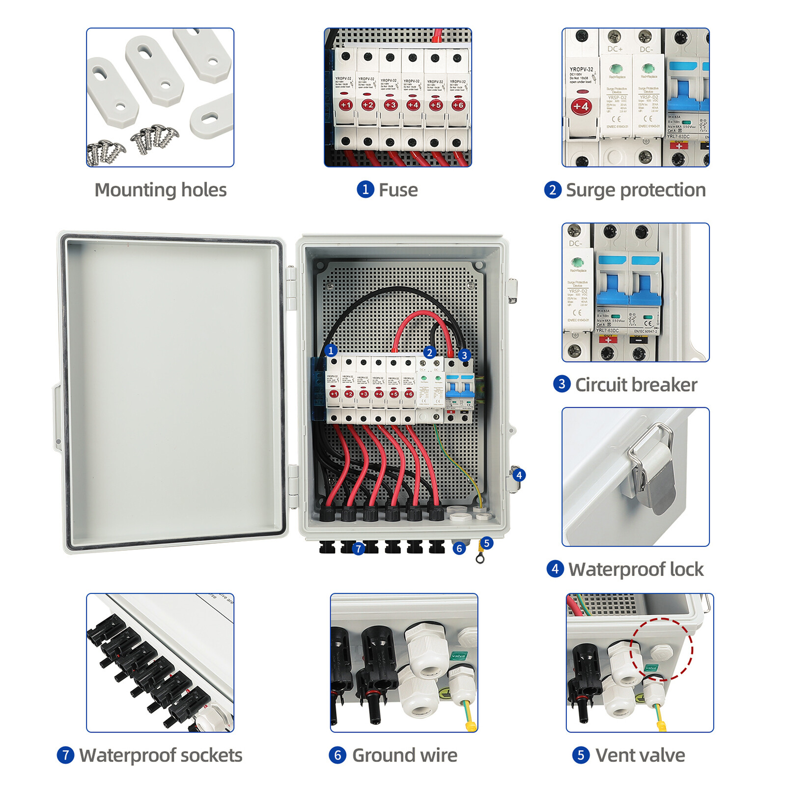 6 String Solar PV Combiner Box 63A Circuit Breaker Junction Box for Solar Panels
