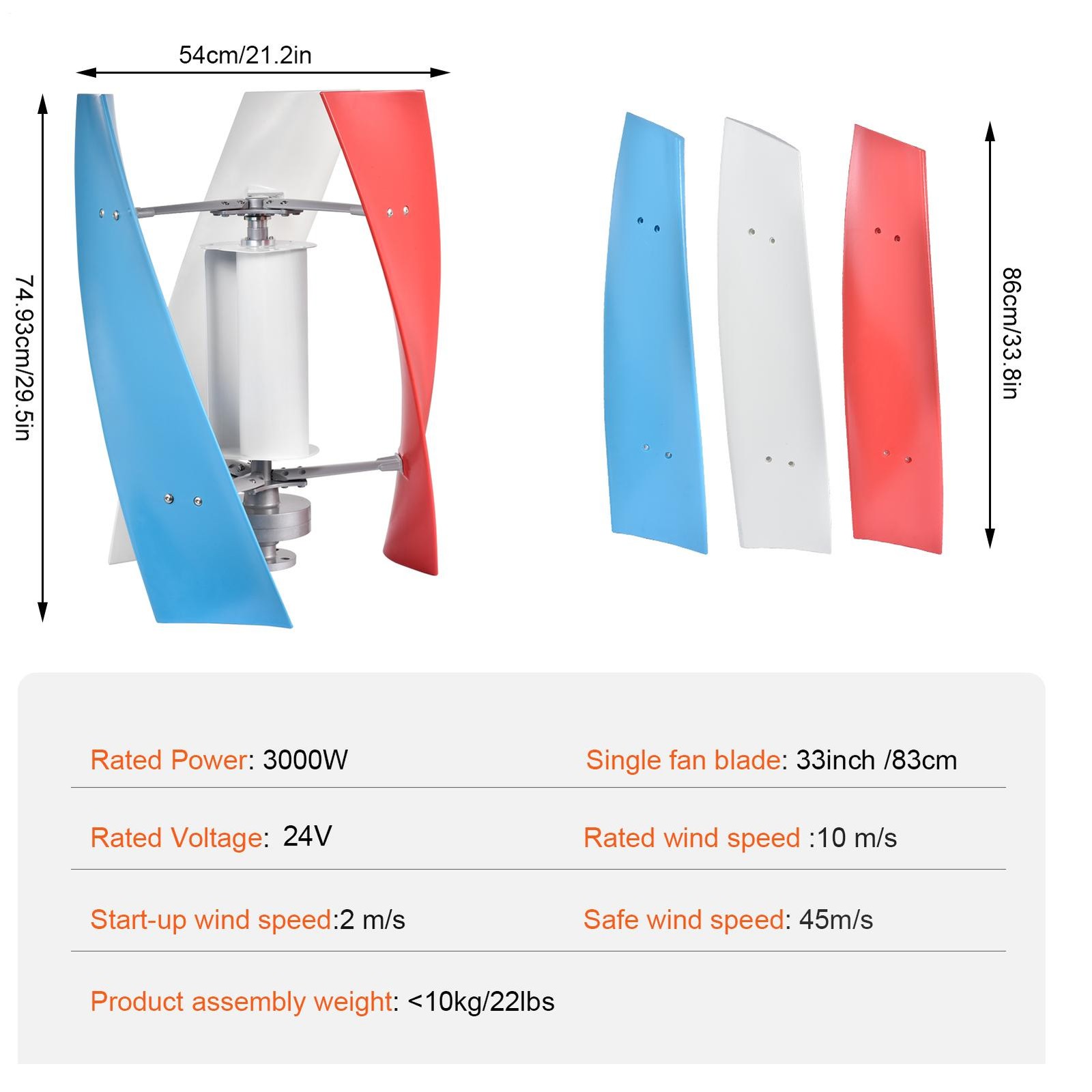 3000W Vertical Axis Wind Turbine Generator 24V with Controller Home Windmill Kit