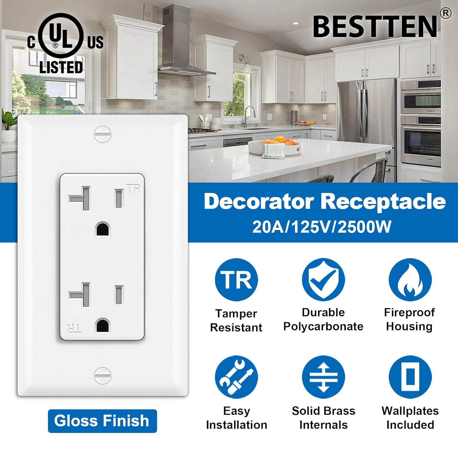 50 Pack 20 Amp Outlet, Tamper-Resistant (TR) Standard Electrical Wall Outlet, UL
