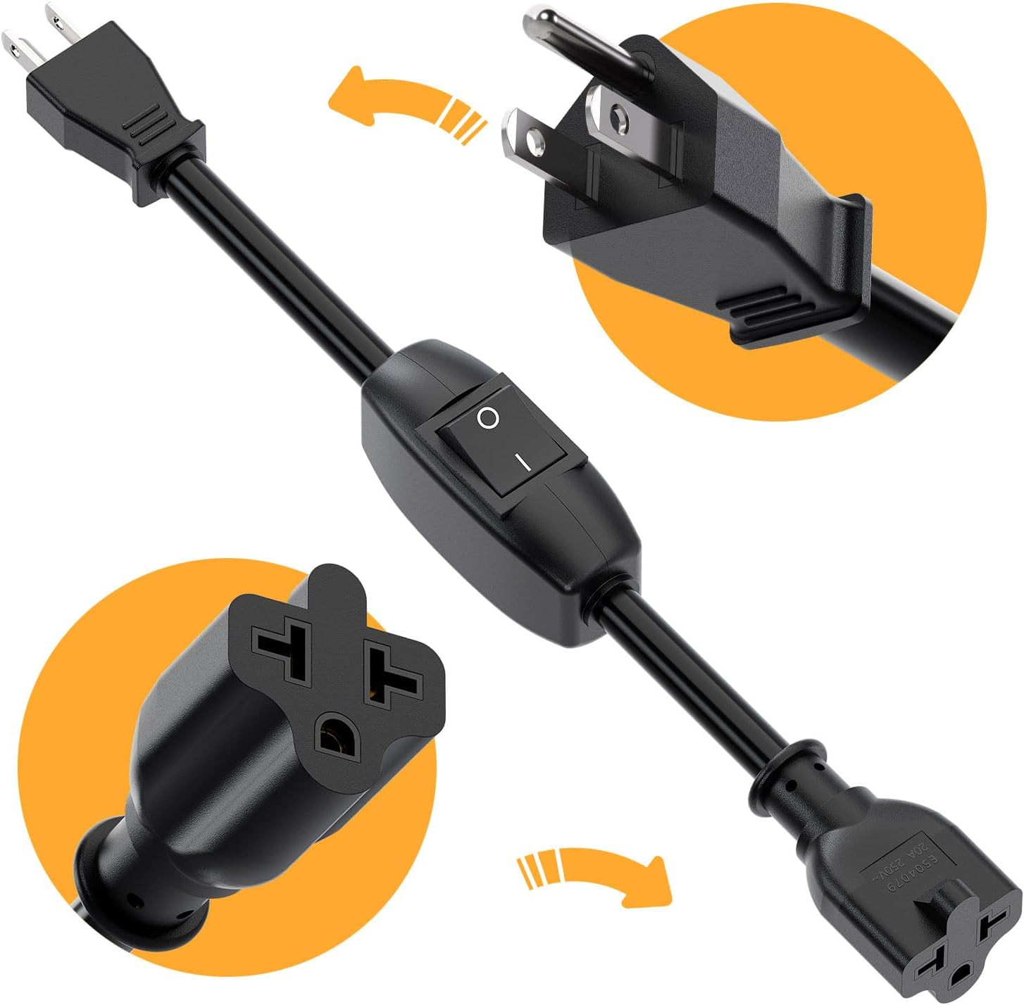 Heavy Duty On/Off Switch Extension Cord 12-AWG 15A Household Plug Male to Female