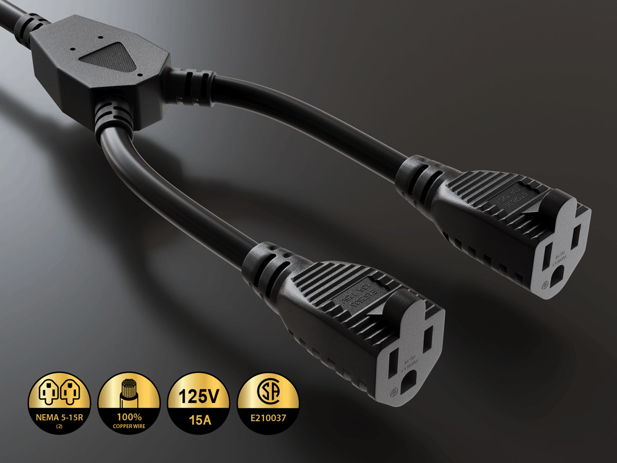 36 inches NEMA 5-15P to Dual 5-15R Power Extension Cord Splitter 14AWG 15A/12…