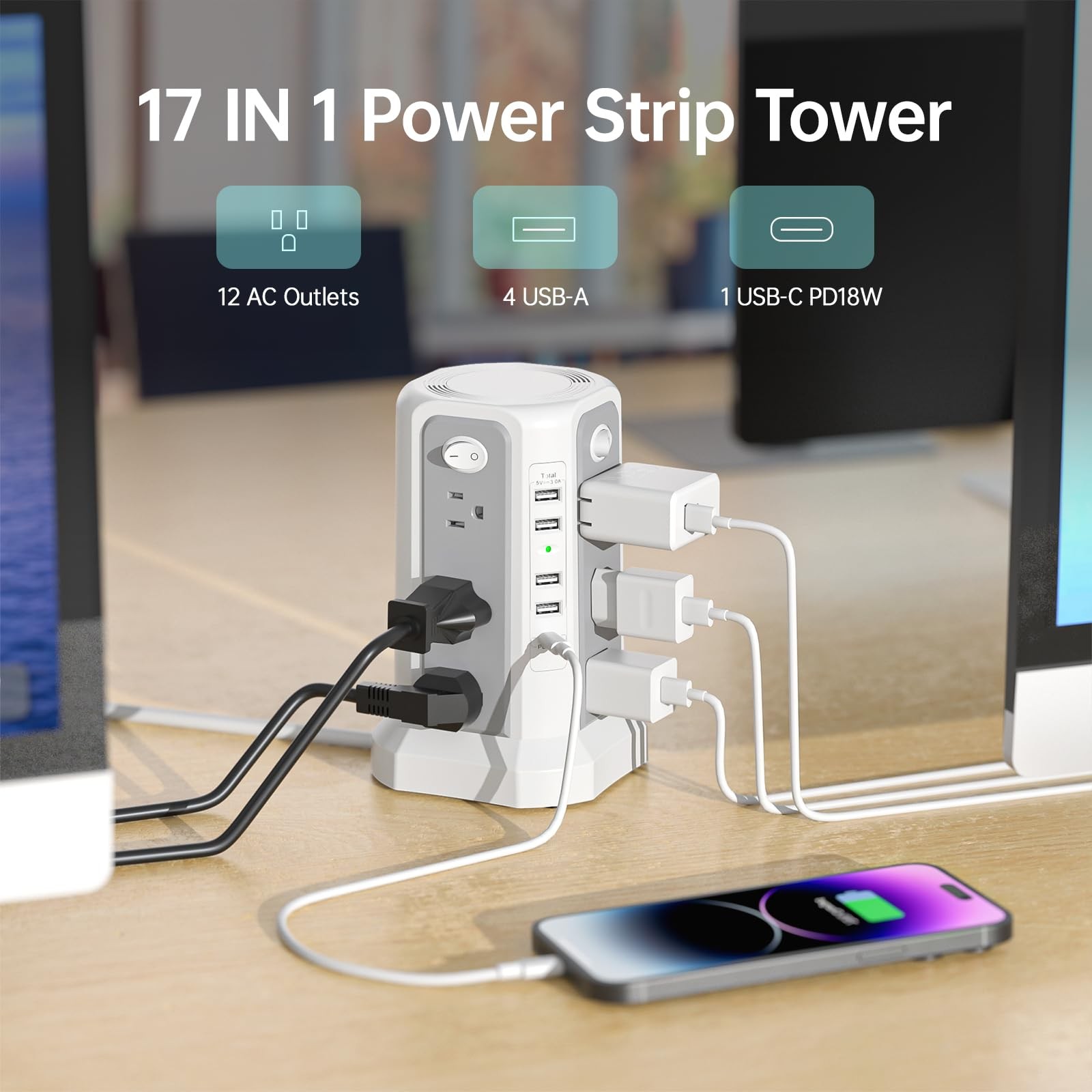 Surge Protector Power Strip Tower with PD18W USB C Port,10FT Gray White