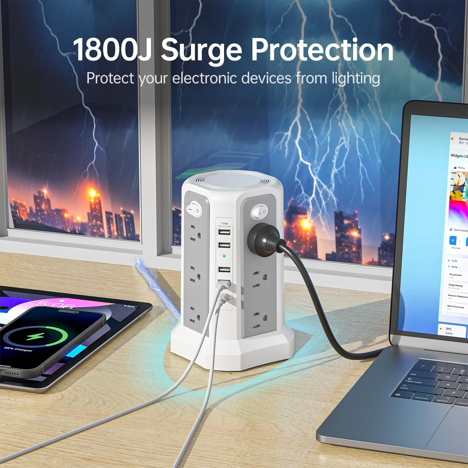 Surge Protector Power Strip Tower with PD18W USB C Port,10FT Gray White