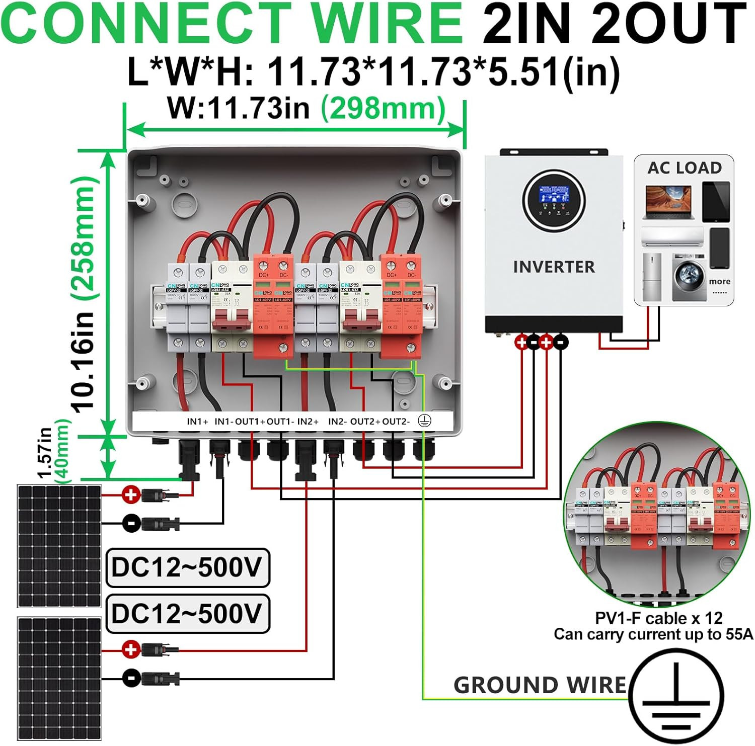 2 String Solar PV Combiner Box IP65 with Circuit Breaker & Surge Protector
