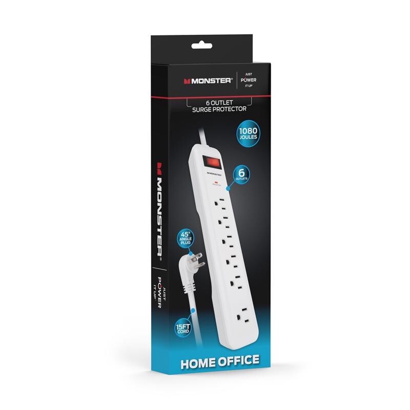 Monster Just Power It Up 15 ft. Cord 6 outlets Surge Protector White 1080J 15Amp