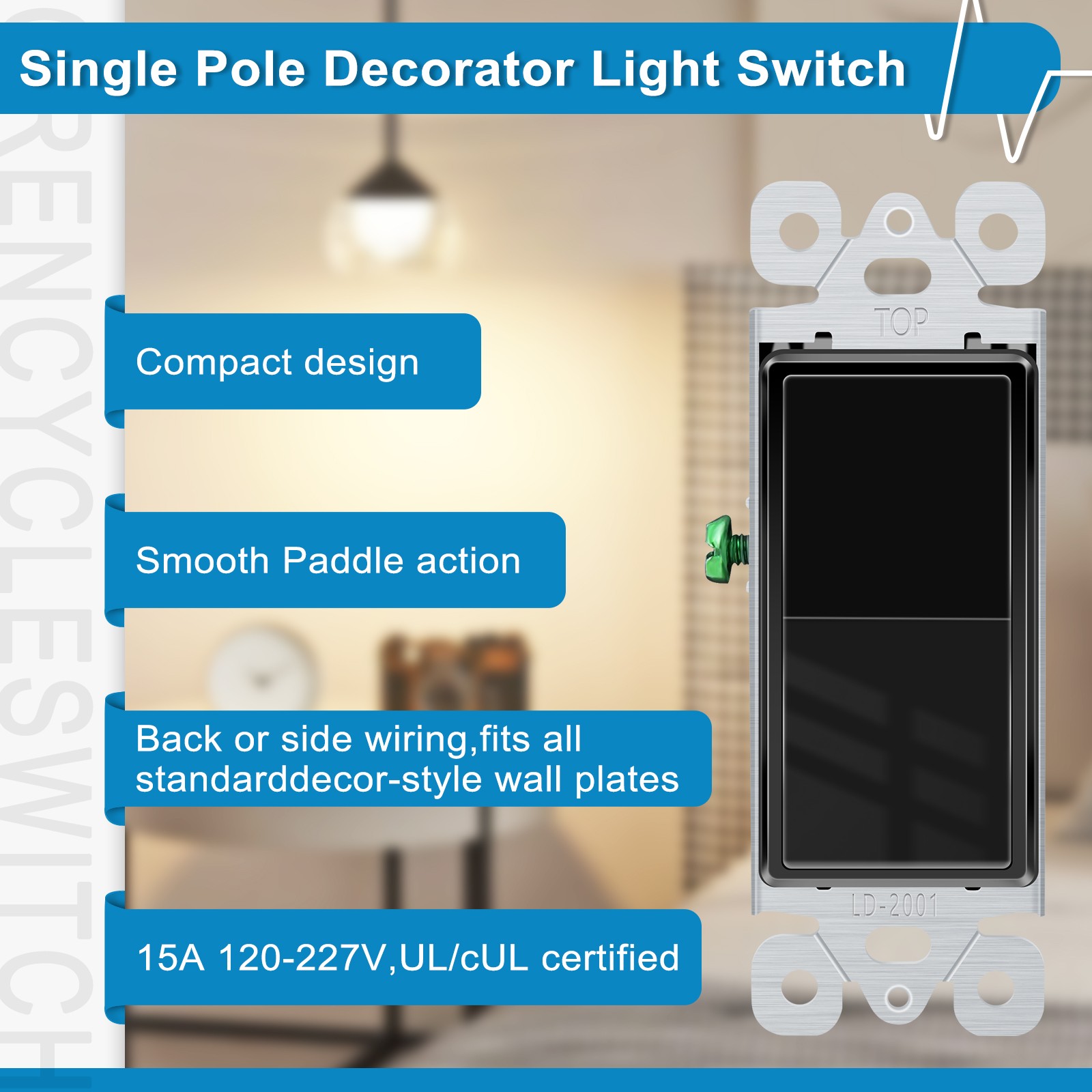 15A 120/277V Black Single Pole Rocker Light Switch UL/CUL Listed Home Use 2PK