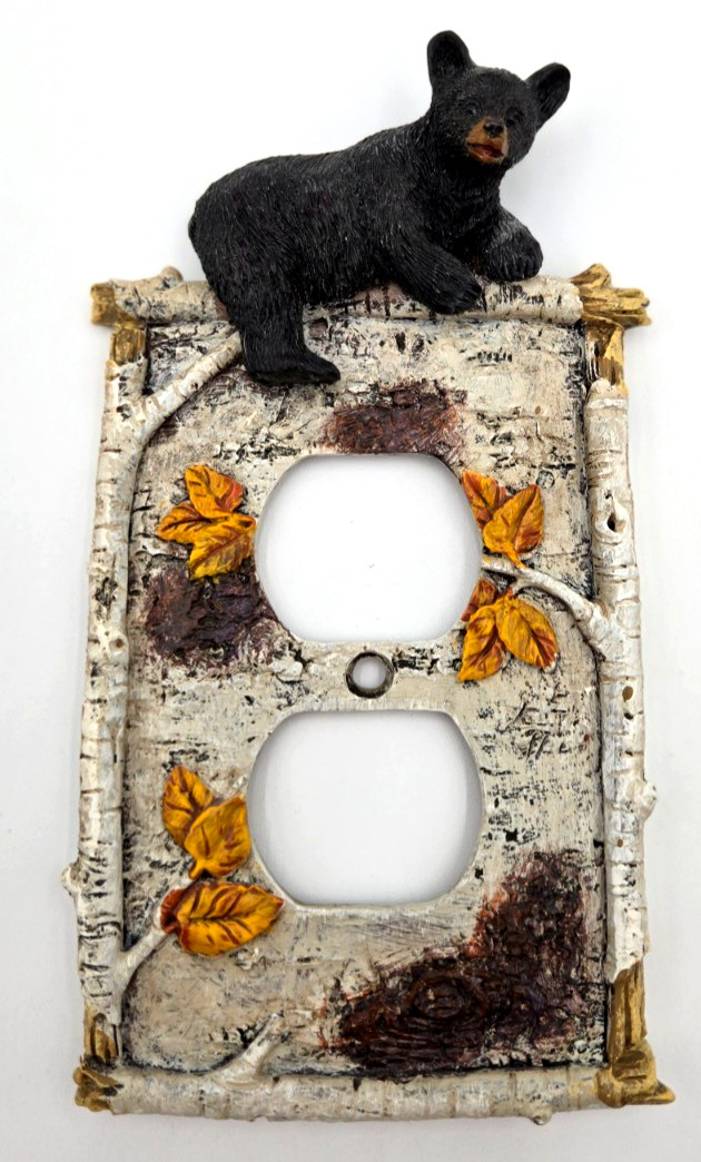 Black Bear Cub Birch Bark Duplex Outlet Wall Plate Cover Rustic Poly Resin