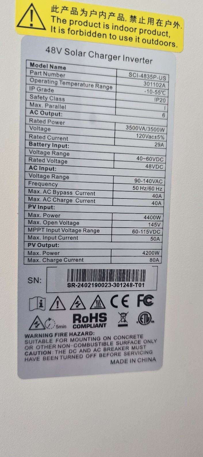 calpha 48v solar charger inverter sci-4835p-us
