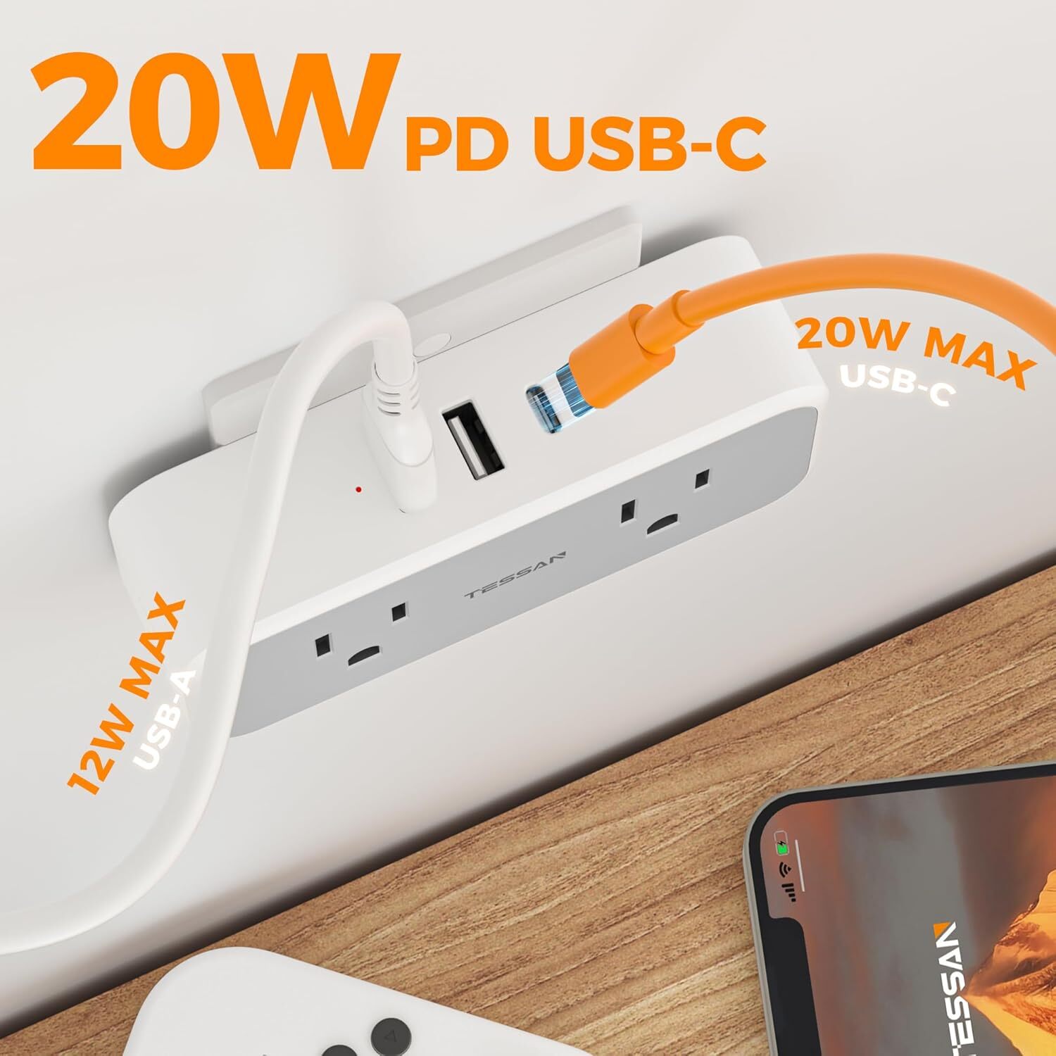 Surge Protector Wall Expander with 4 Outlets 3 USB Port(1 USB C) for Home Office