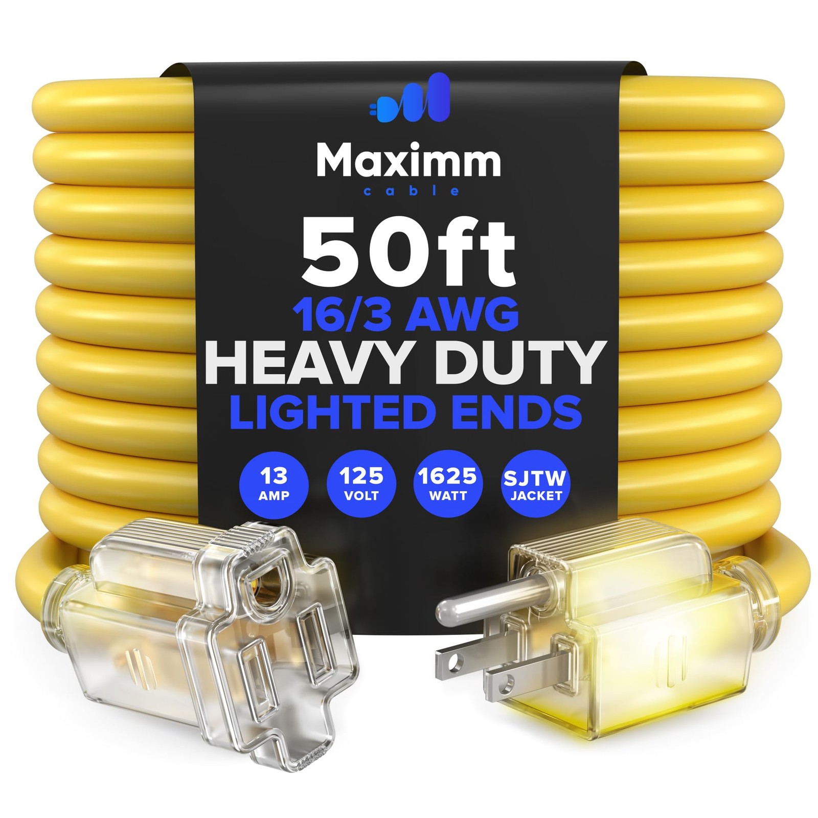 Maximm Extension Cord 50 Foot, Yellow Lighted Outlet Saver 50 Feet,
