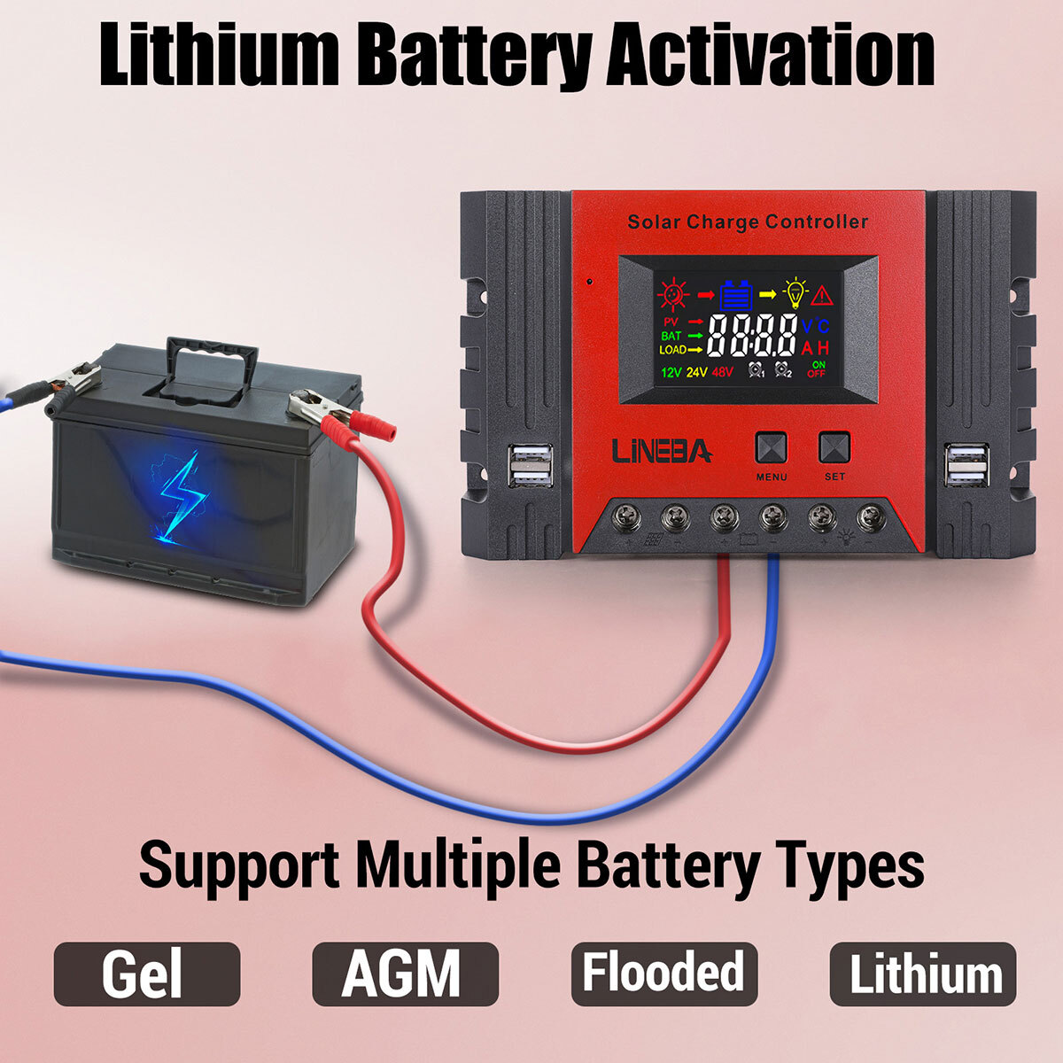 PWM 12V/24V/48V Solar Charge Controller with LCD Display LifePO4 Auto Regulator