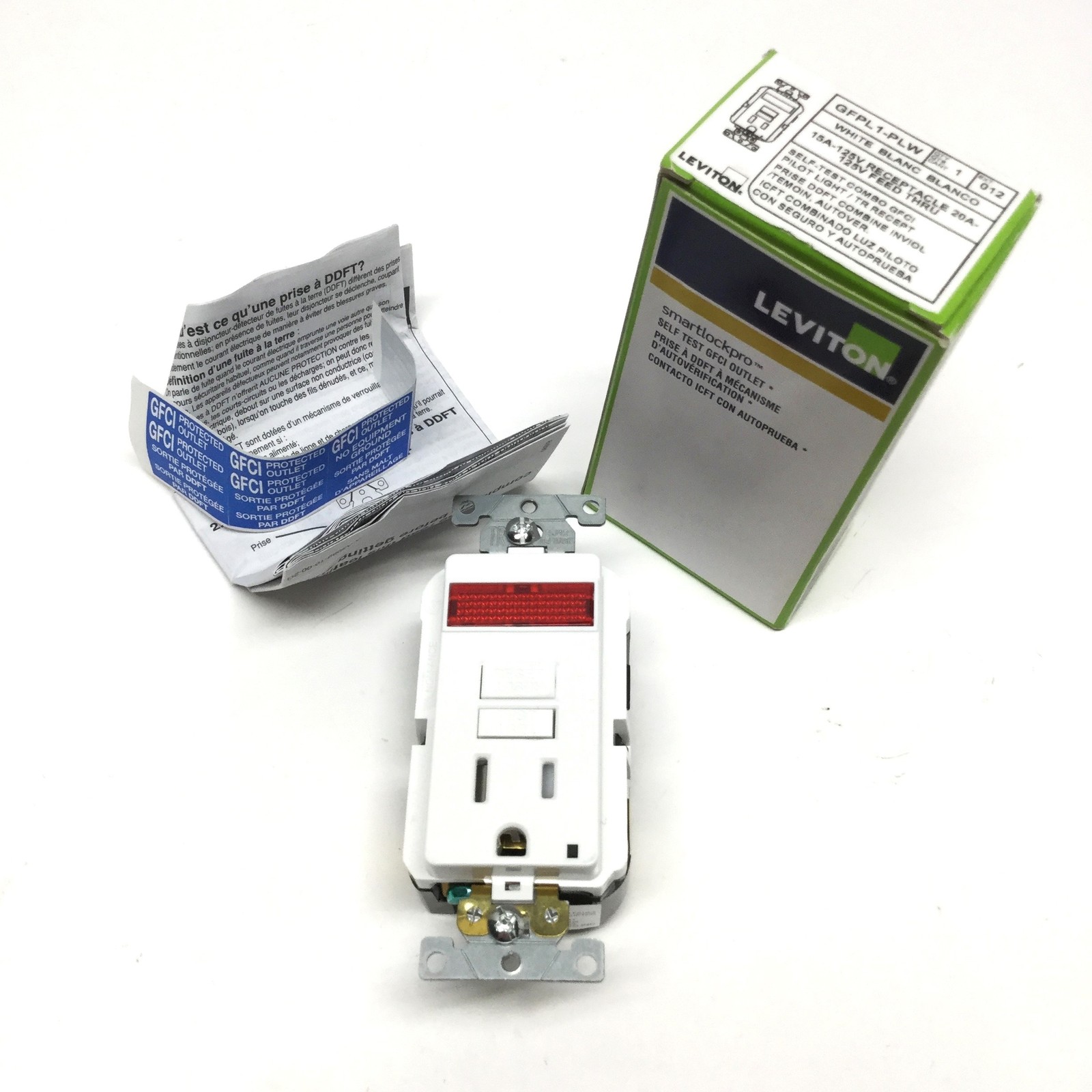 Leviton GFPL1-PLW SmartLockPro GFCI Receptacle, White, 125VAC 15A, NEMA 5-15R