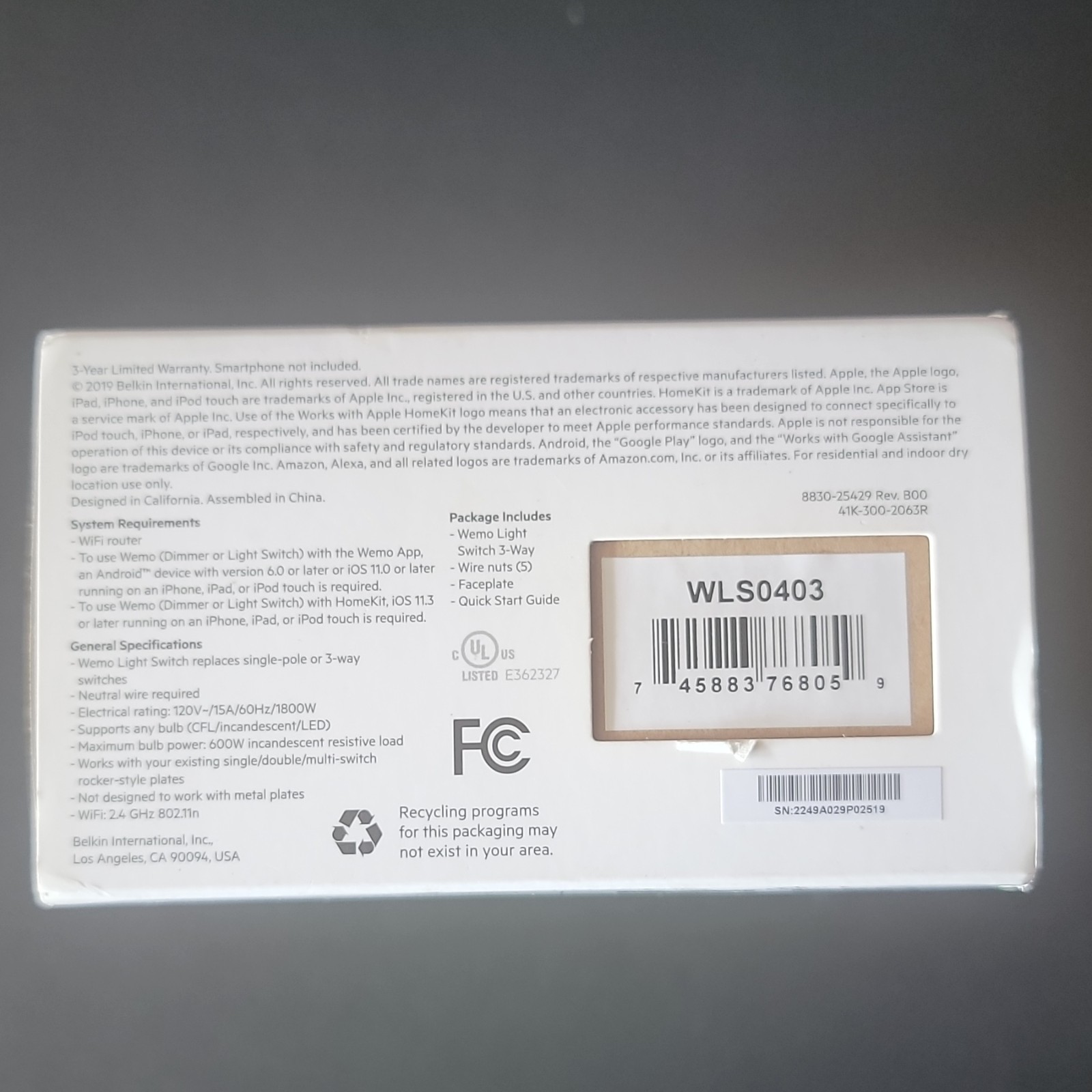 WeMo Wi-Fi Smart 3-Way Light Switch White HomeKit Alexa Google WLS0403