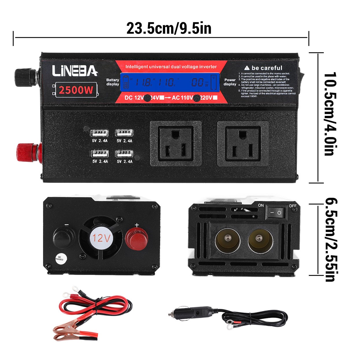 1500W 2500W 5000W Car Power Inverter 12V to 110V Converter 3AC 4USB LCD Display