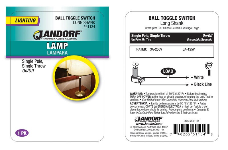 Jandorf 61134 3/6A 125/250V 1-Pole SPST Contact Screw Terminal Toggle Switch