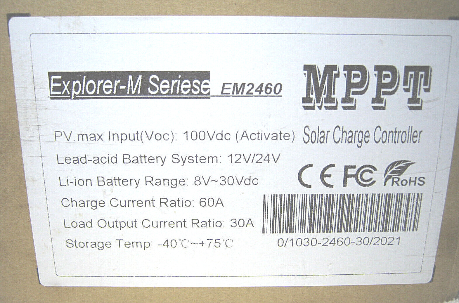 EXPLORER-M SERIES EM2460 SELF COOLING MMPT SOLAR CHARGE CONTROLLER BY ROHS – NEW