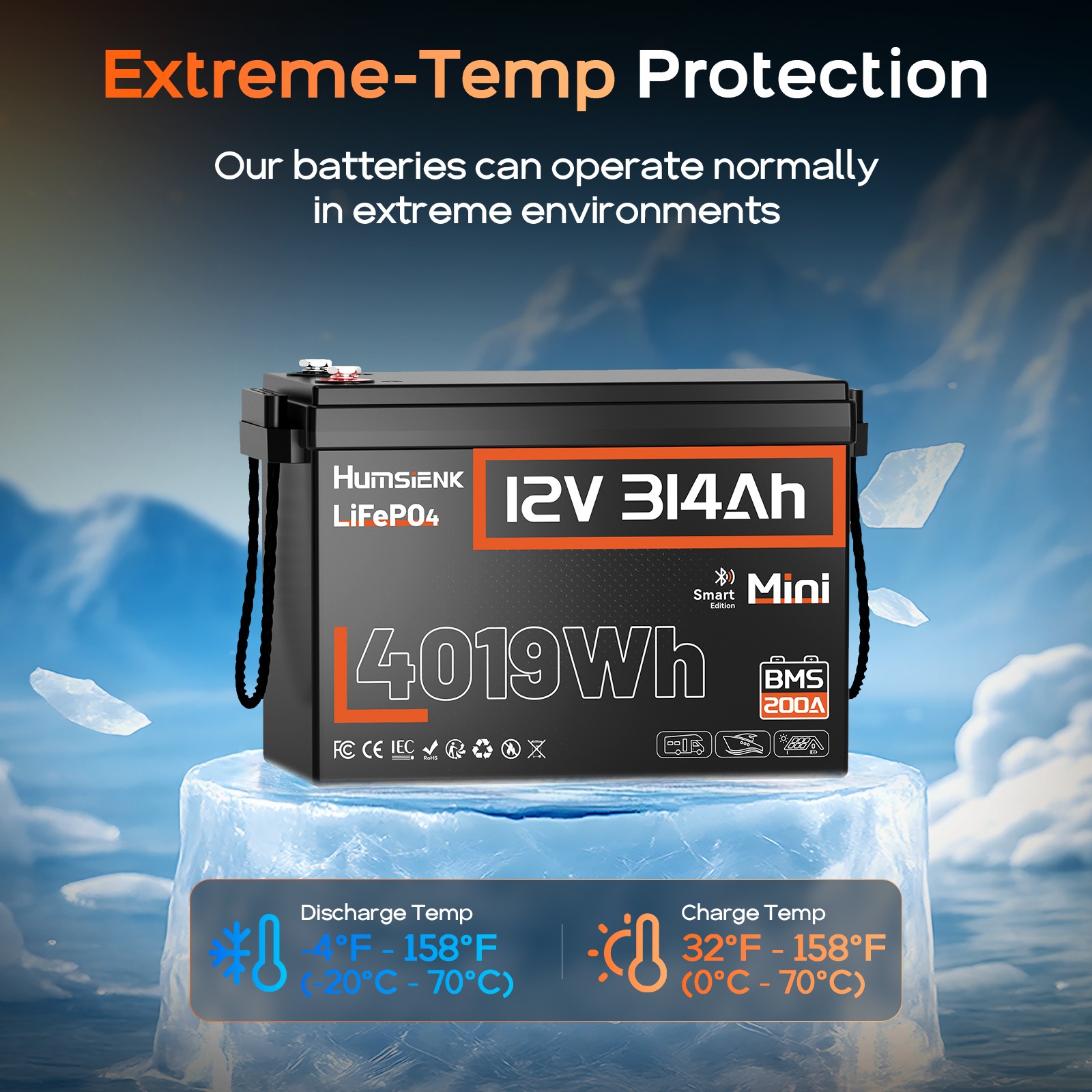 Humsienk 12V 300Ah 314Ah 320Ah LiFePO4 Battery 200A BMS Solar Camping Off-Grid