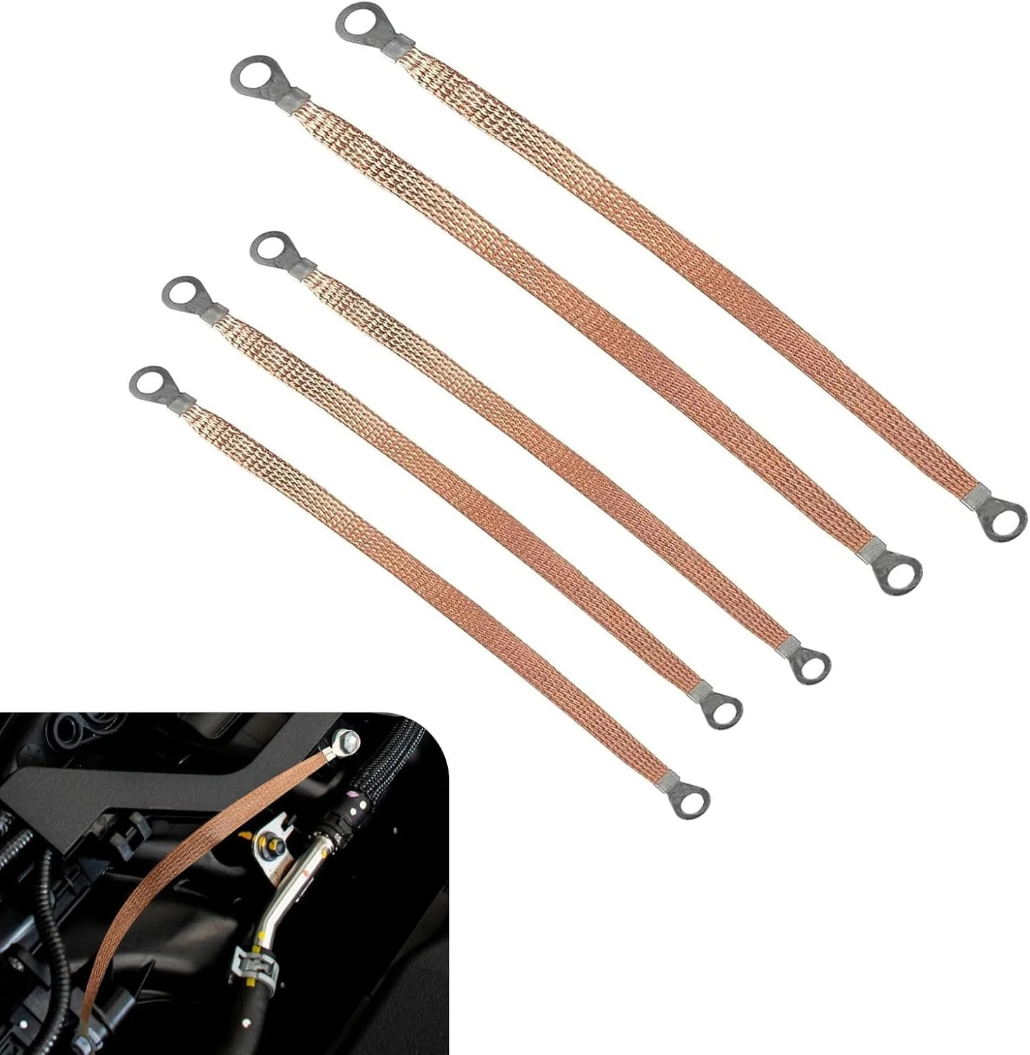 5 PCS Car Ground Wires, 2 Sizes Copper Braided Grounding Strap, Flexible Ring Te