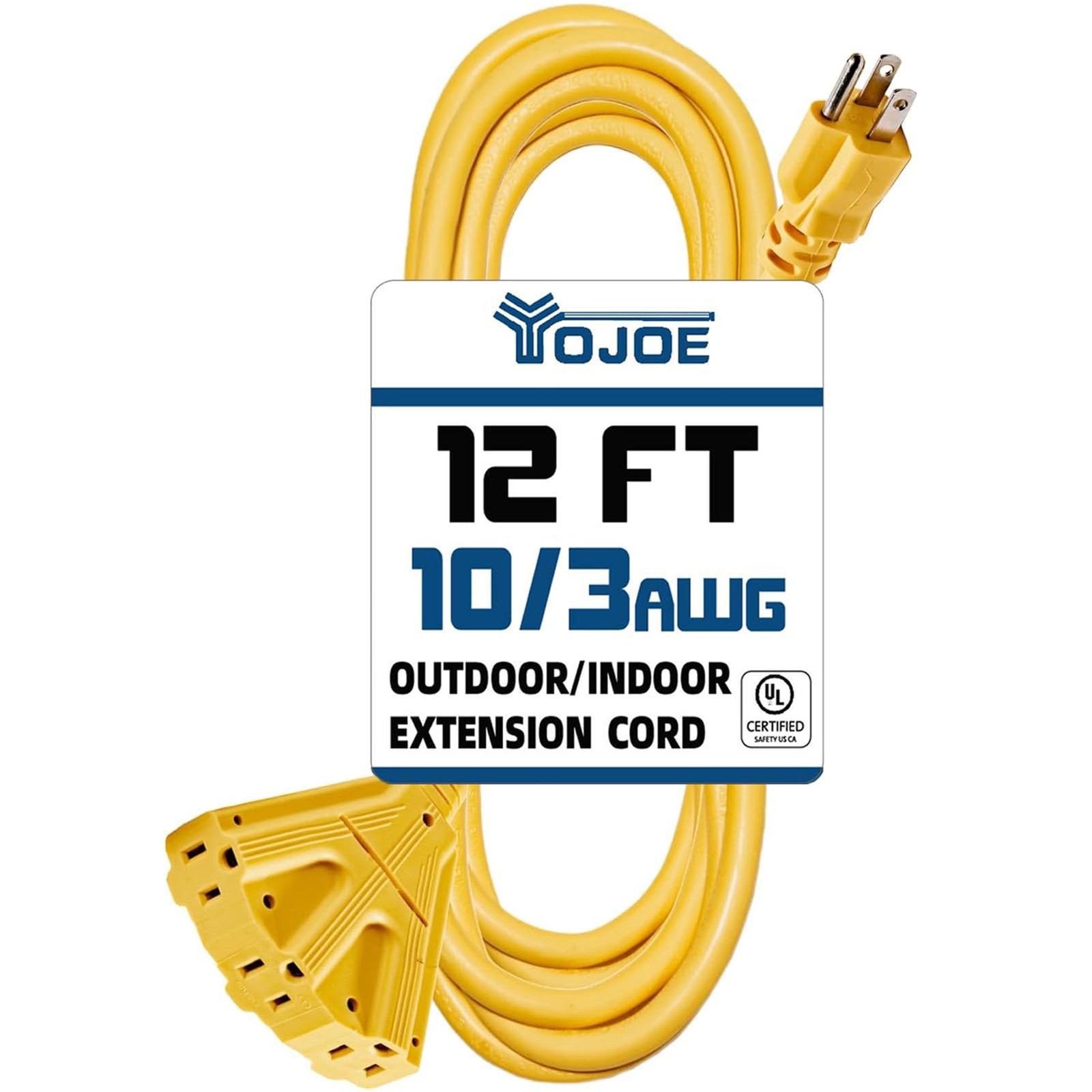 YOJOE 3-Outlet 10 Gauge 12 FT Yellow Extension Cord, 15A SJTW 12 Foot,