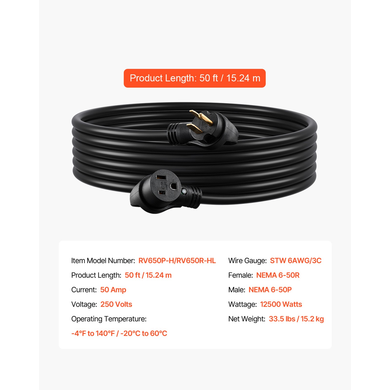 50A 50FT Generator Extension Cord 250V NEMA 6-50P to 6-50R 12500W Power