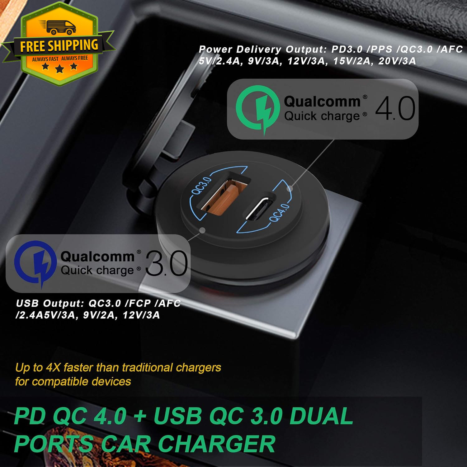 12V USB C Car Charger Socket QC4.0 PD3.0 90W Waterproof LED Outlet