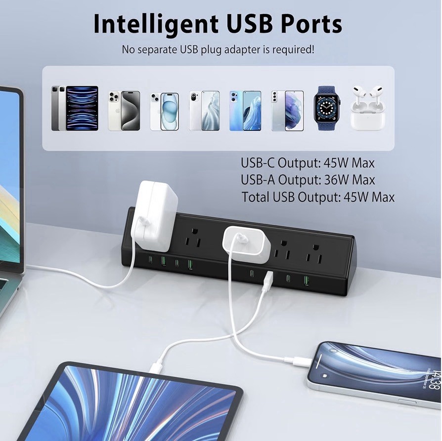 Desk Clamp Power Strip USB C 45W,8 USB,10FT Cable,Black