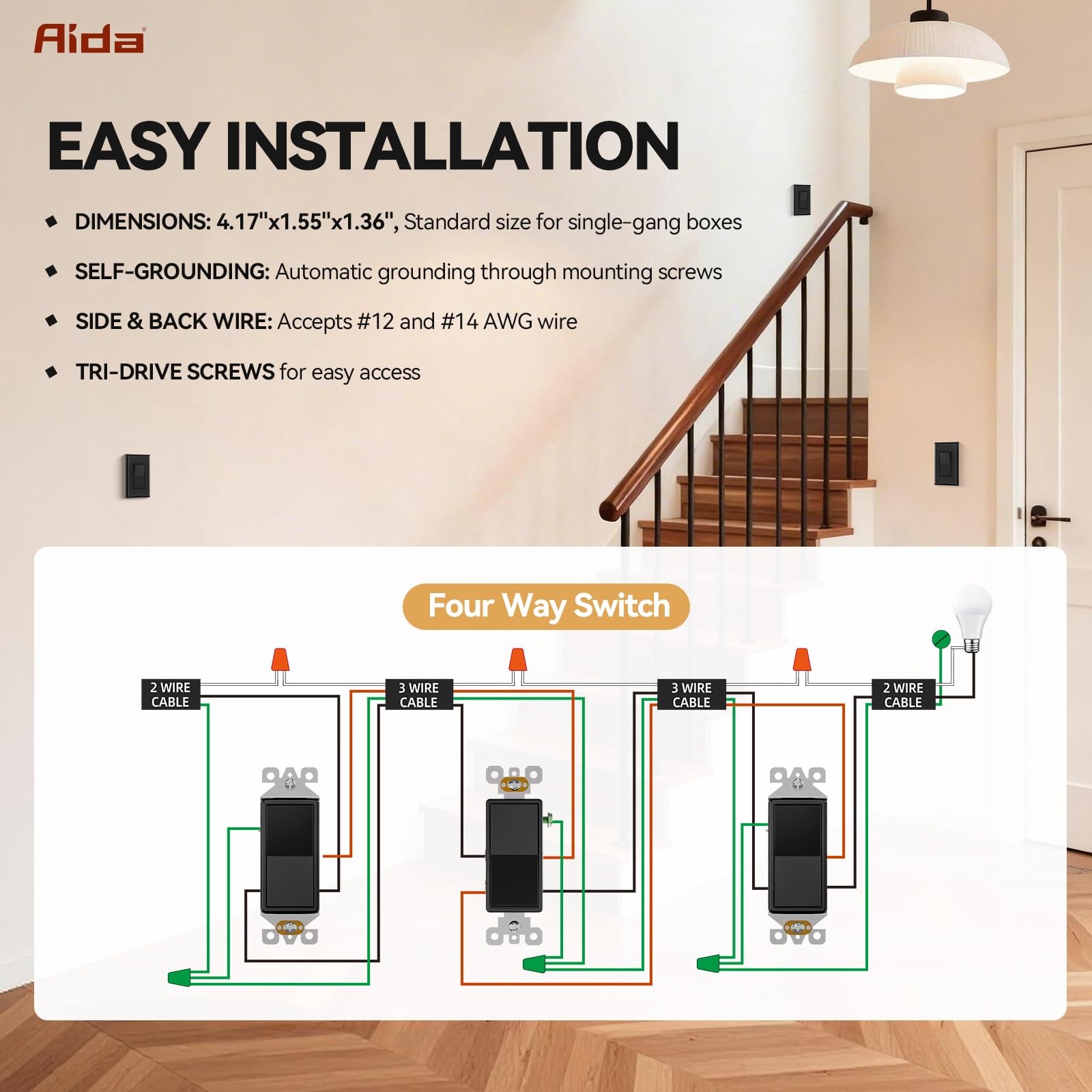 AIDA 4 Way Switch 15Amp 120/277 Volt 20 Pack Glossy Black