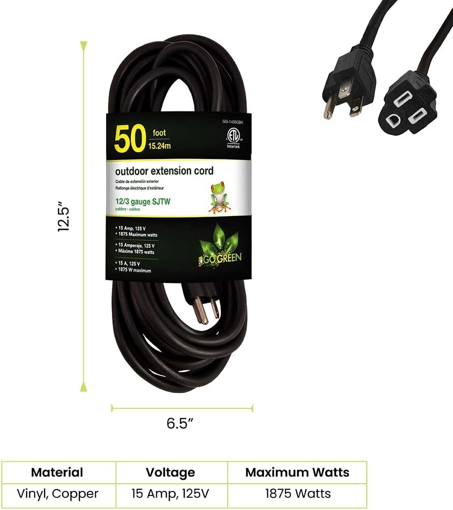 Durable 12/3 SJTW Outdoor Extension Cord – 50 ft Moisture and Abrasion Resistant