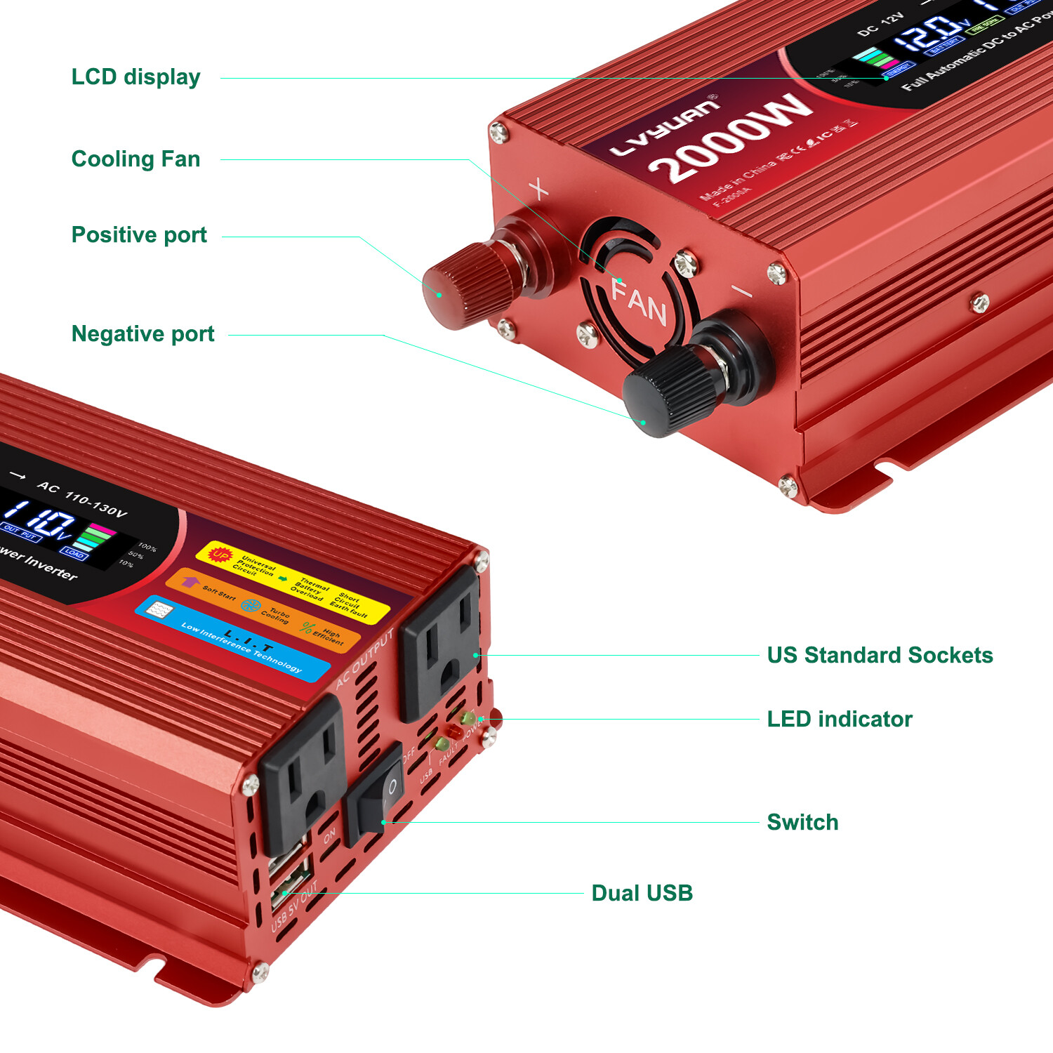 1000W 2000W Power Inverter LCD 2USB 2AC 12V to 110V Converter Adapter Off-gird